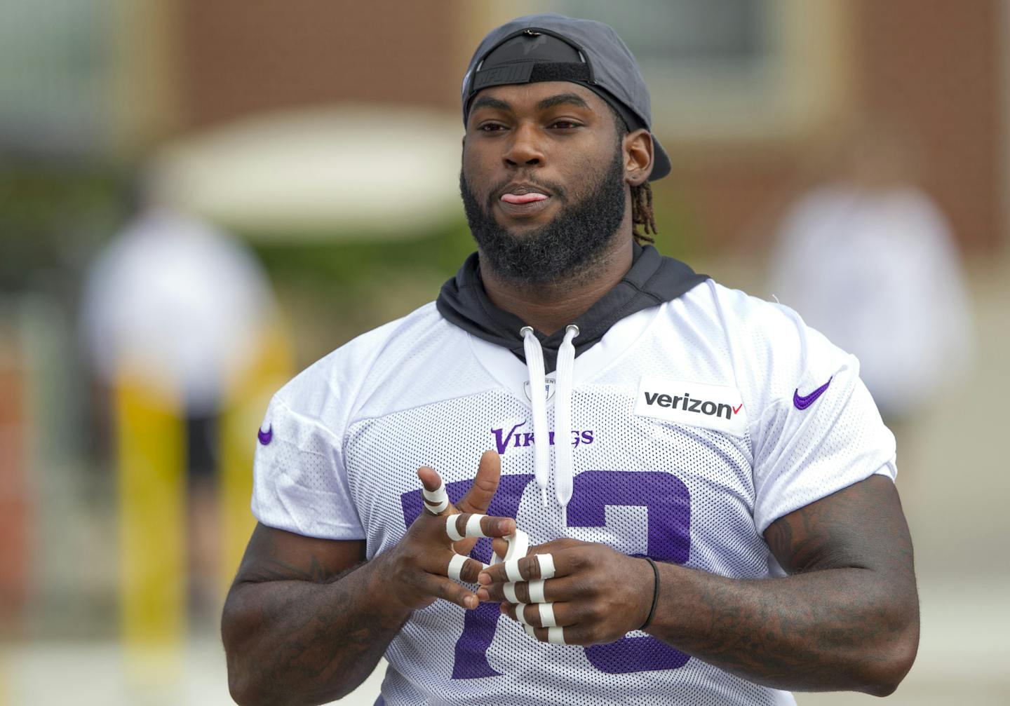 Minnesota Vikings defensive tackle Sharrif Floyd (73) during the first day of the team's NFL football training camp at Mankato State University in Mankato, Minn. on Friday, July, 29, 2016.(AP Photo/Andy Clayton-King) ORG XMIT: MNAKOUTTAK