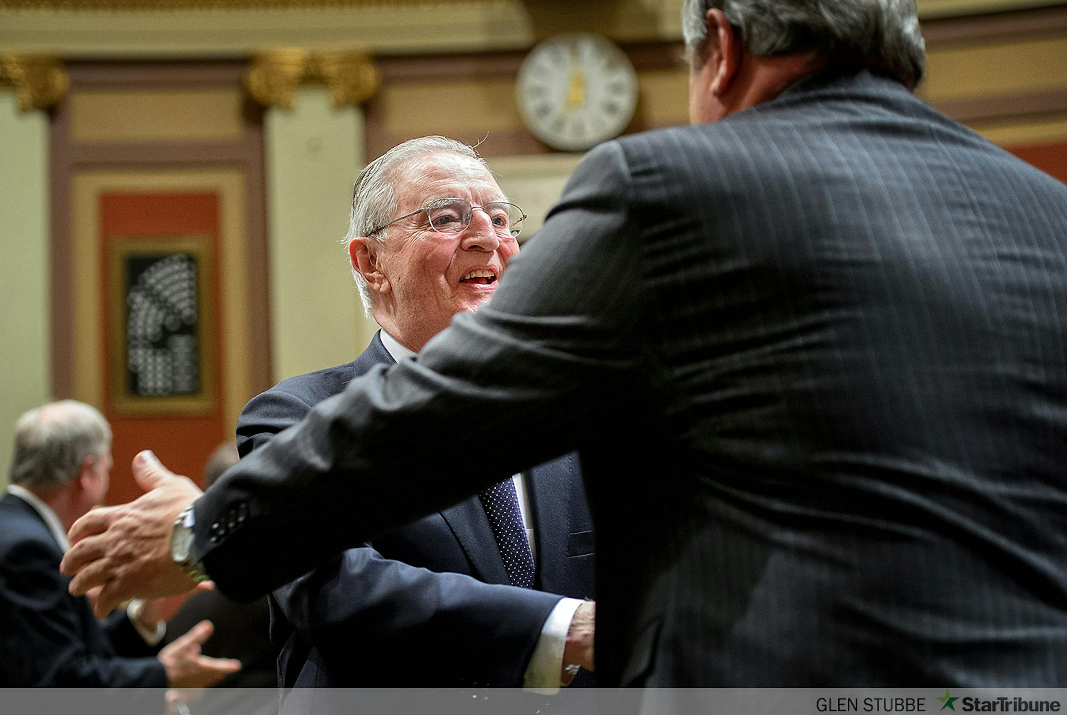 Former Vice President Walter Mondale warmly greeted Senate Majority Leader Tom Bakk before the address.        ] GLEN STUBBE * gstubbe@startribune.com Thursday, April 9, 2015 Governor Mark Dayton delivered his 2015 State of the State address in the House Chamber of the Minnesota State Capitol, St. Paul.