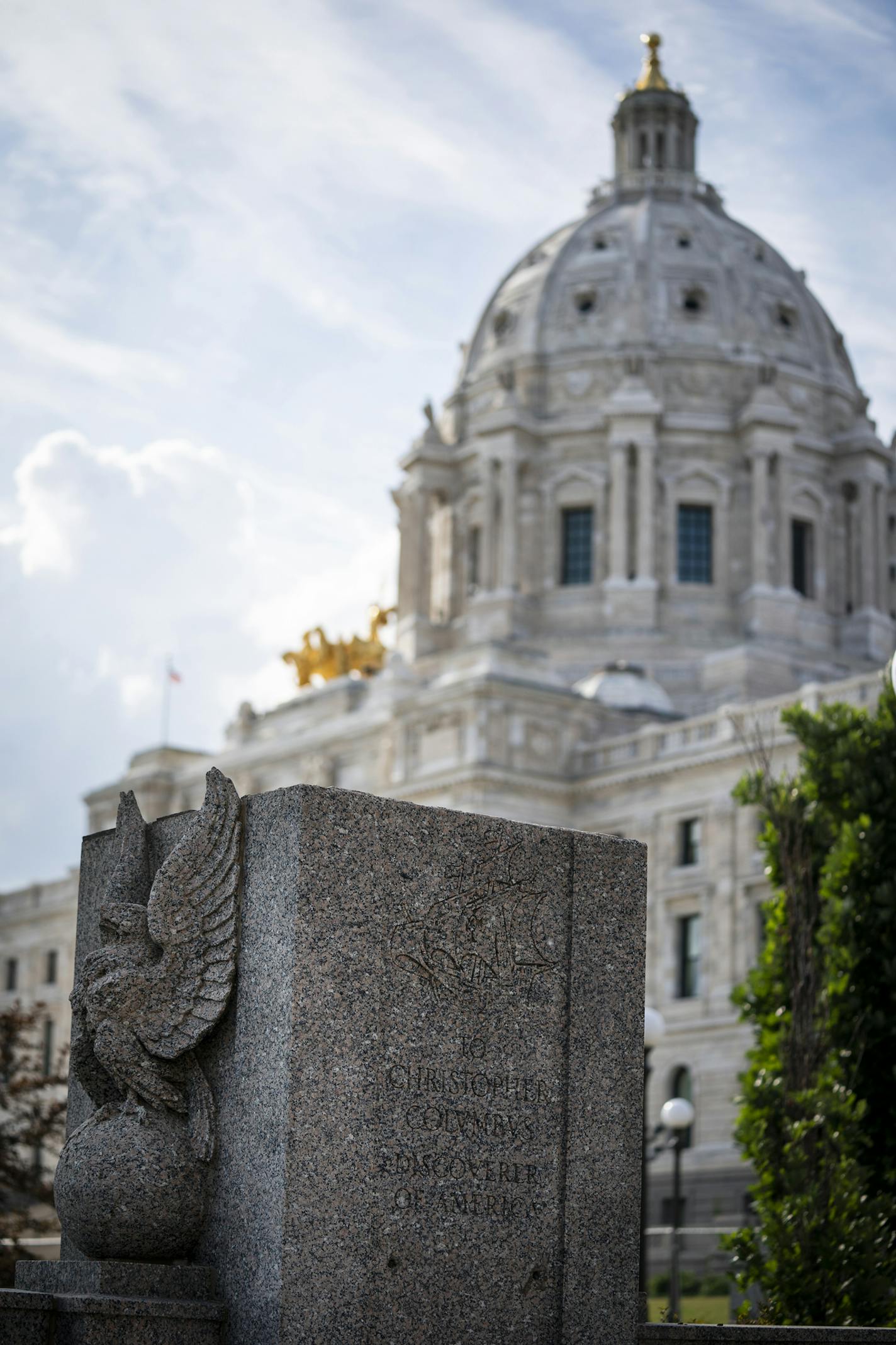 The spot where the Christopher Columbus statue once stood on the Capitol grounds. ] LEILA NAVIDI • leila.navidi@startribune.com BACKGROUND INFORMATION: Monuments on the Capitol grounds that activists in the community have signaled as problematic over the years. Photographed on Wednesday, July 1, 2020.