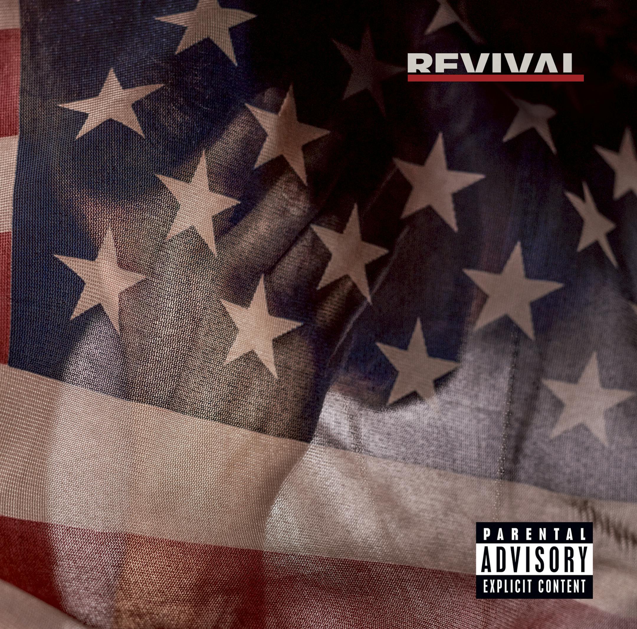 This photo provided by Interscope Records shows rapper Eminem new album, "Revival." On ìRevival,î his ninth studio album, Eminem makes himself relevant with his smart rhymes, which is refreshing in the age of ìmumble rap.î The album artwork is of the American flag, with race and President Donald Trump being recurring topics throughout the 19 tracks. (Interscope Records via AP)