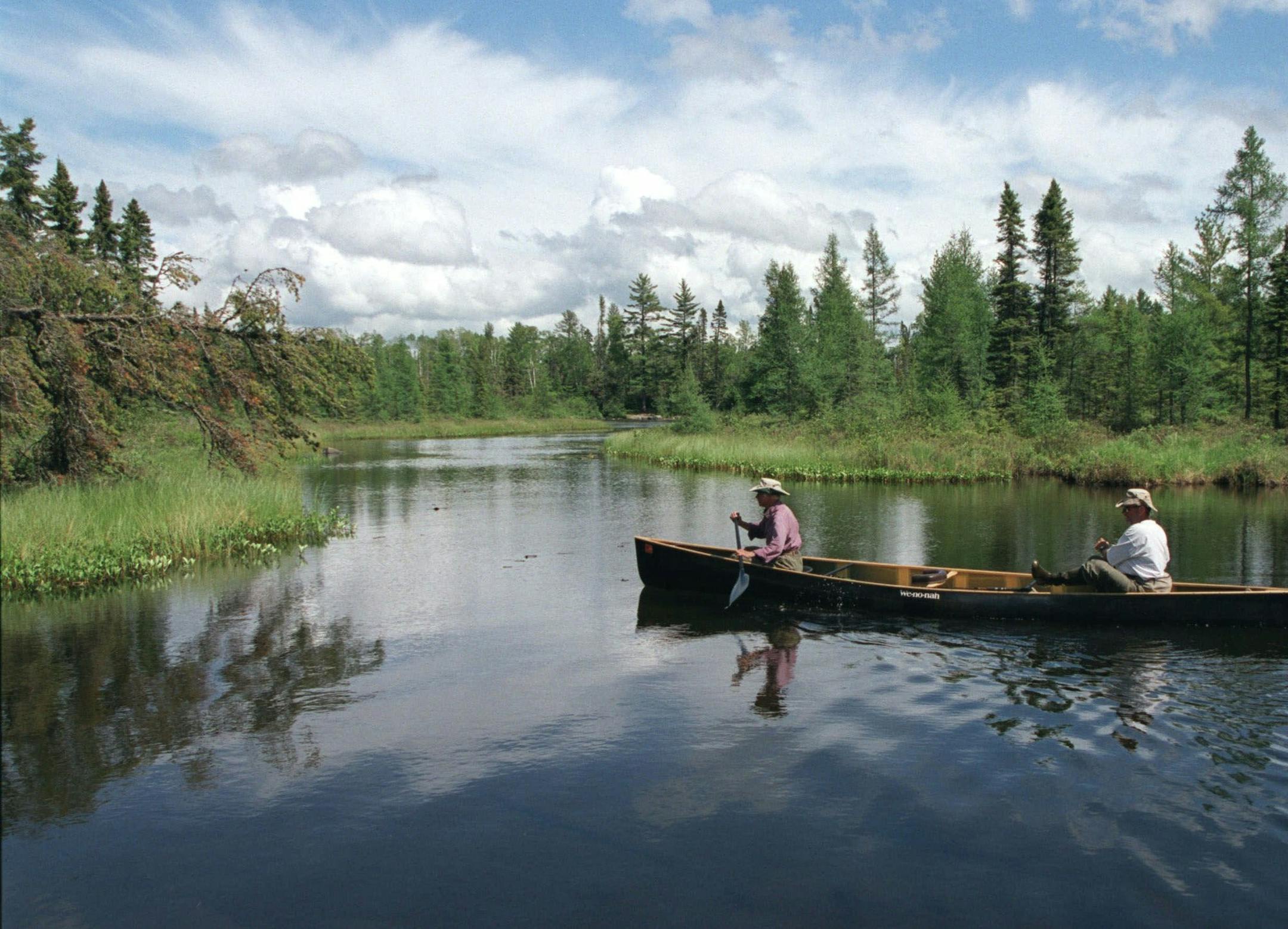 Bert and Diane Heep, a couple from Ely, Minn., in thier 50Ìs, glide toward a shallow portage during a day trip on their campsite on Thomas Lake to Insula Lake in the Boundary Waters Canoe Area Wilderness in June, 2000. The Ely couple are in the middle of a 4 1/2 month trek in the BWCAW and adjacent Quetico Provincial Park that began in mid-May and will end in October. (AP Photo/Star Tribune, Tom Sweeney) ORG XMIT: MIN2013060513220364