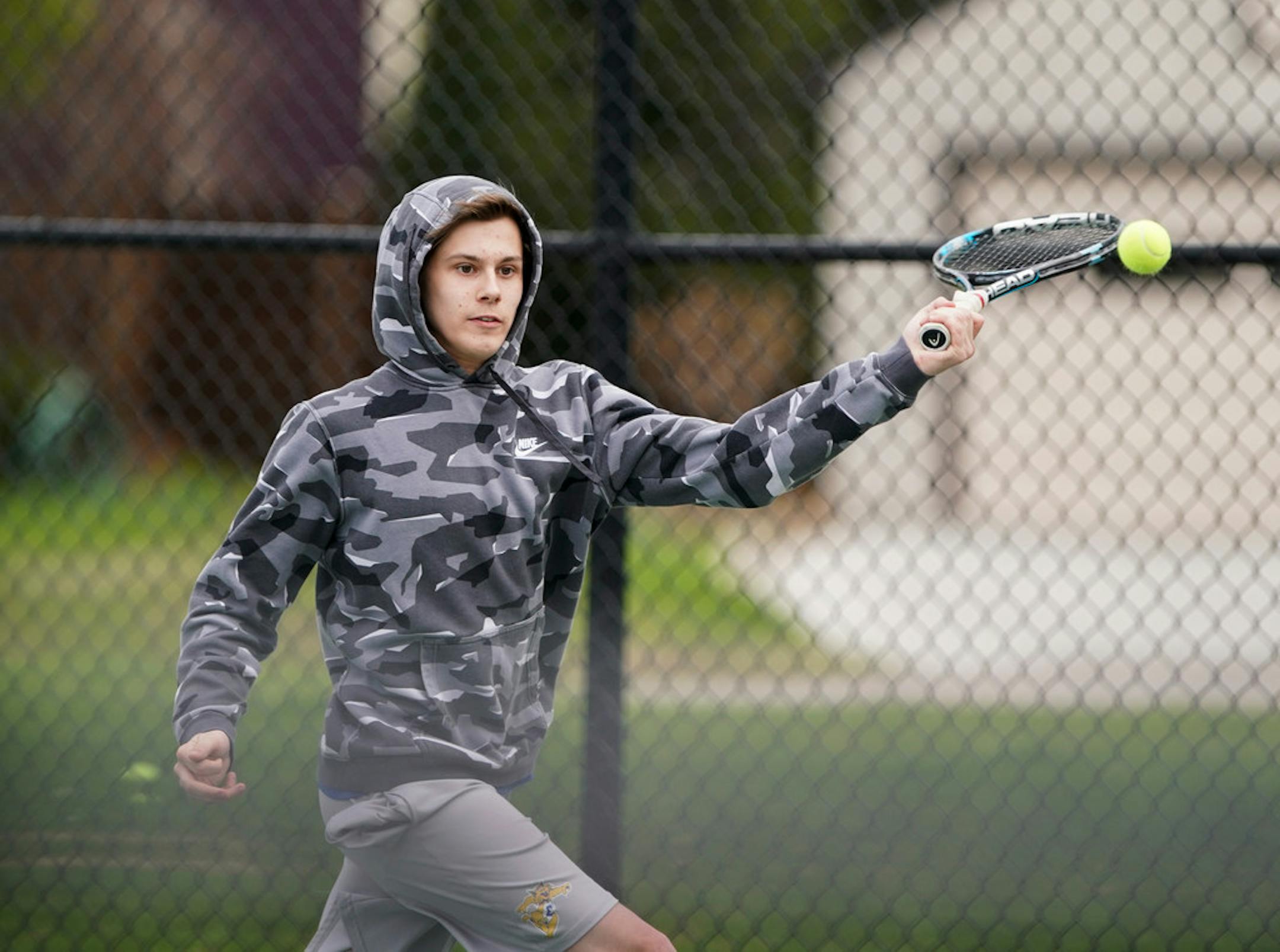 Minneapolis Edison tennis player Logan Couillard returned a shot while he played in a match against Minneapolis South on May 6 in Minneapolis. Photo: RENEE JONES SCHNEIDER • renee.jones@startribune.com