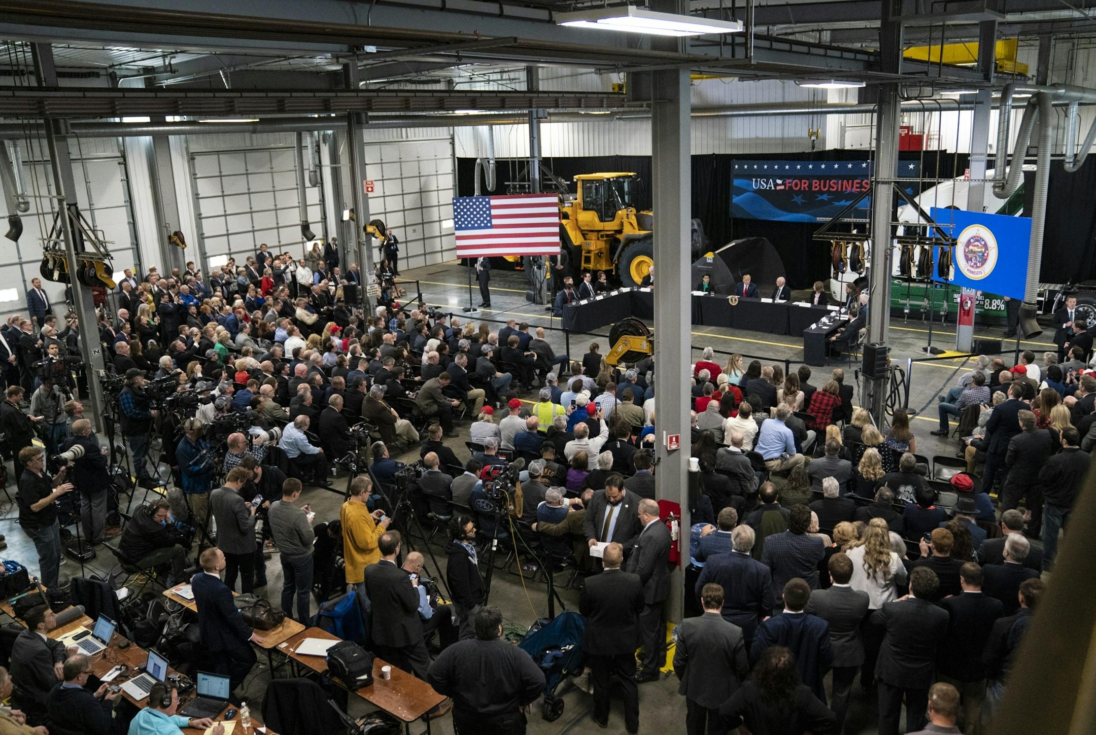 President Donald J. Trump spoke at Nuss Truck and Equipment in Burnsville during a roundtable discussion on tax cuts and the U.S. economy in Burnsville, Minn., on Monday, April 15, 2019.