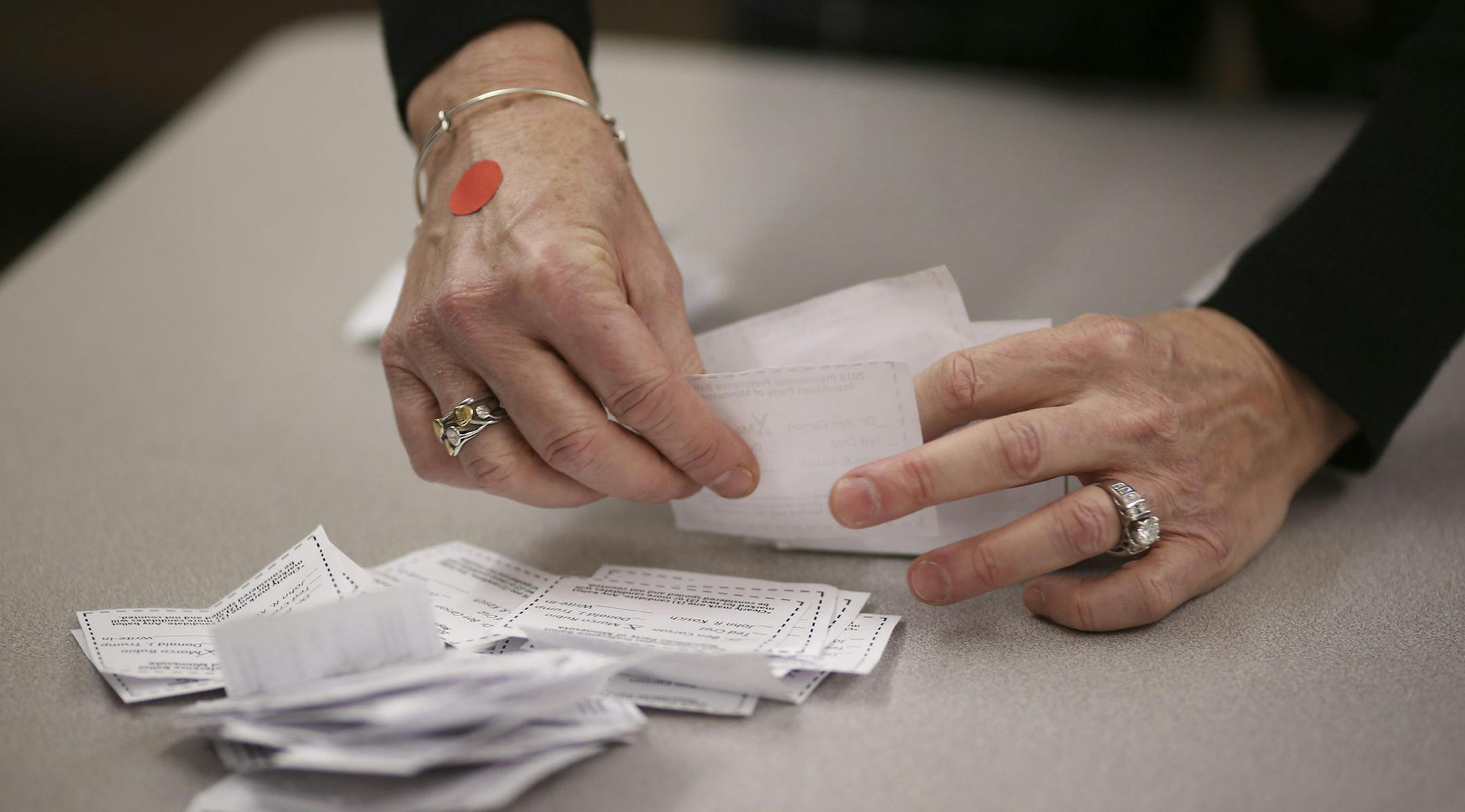 Counting the ballots for the Burnsville precinct 9 Republican caucus Tuesday night. Sen. Marco Rubio won with 40 votes, followed by Sen. Ted Cruz with 19, Donald Trump 17, Ben Carson 7, and John Kasich 3. ] JEFF WHEELER ï jeff.wheeler@startribune.com Eagan and Burnsville residents gathered to attend their precinct caucuses at Black Hawk Middle School Tuesday evening, March 1, 2016. ORG XMIT: MIN1603012054533201