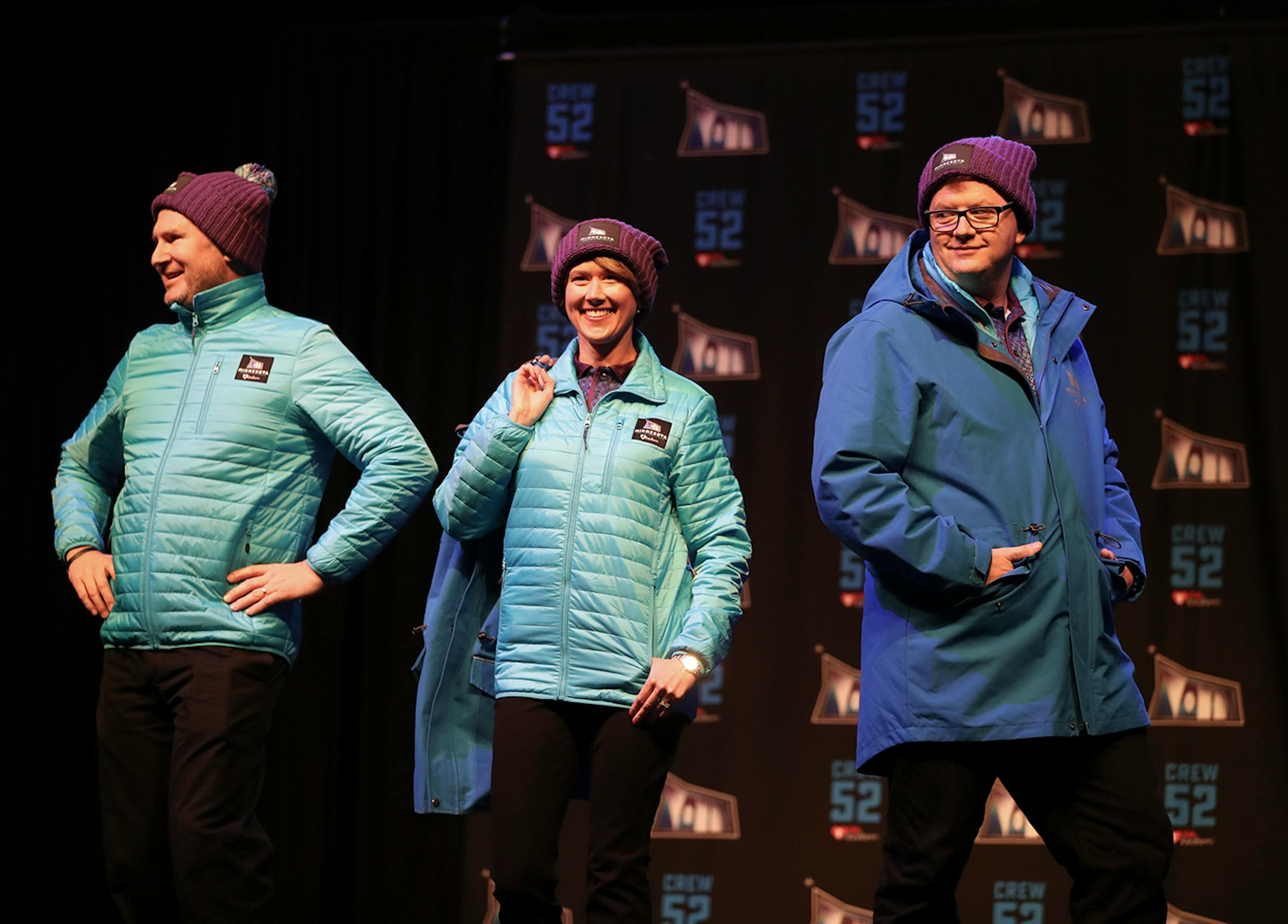 Volunteers modeled some of the apparel that will be provided to the 10,000 Super Bowl LII volunteers during the orientation meeting Sunday afternoon.