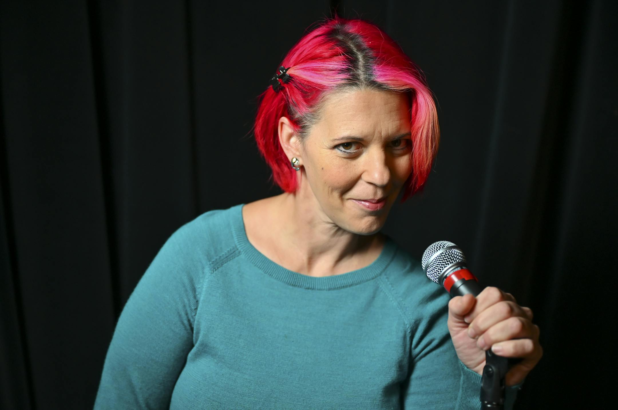 Ariel Leaf stood for a portrait on Friday, Oct. 23, 2020 at the Crane Theater in Minneapolis. ] AARON LAVINSKY • aaron.lavinsky@startribune.com "To Breed or Not to Breed," a theatrical evening of stories about parenting, will be the first indoor play since March. It's playing to limited capacity, with only one actor on stage at a time and safety covers on the microphones but Fortune's Fool Theatre is determined to get audiences and performers back together, live. We photograph storyteller Ariel