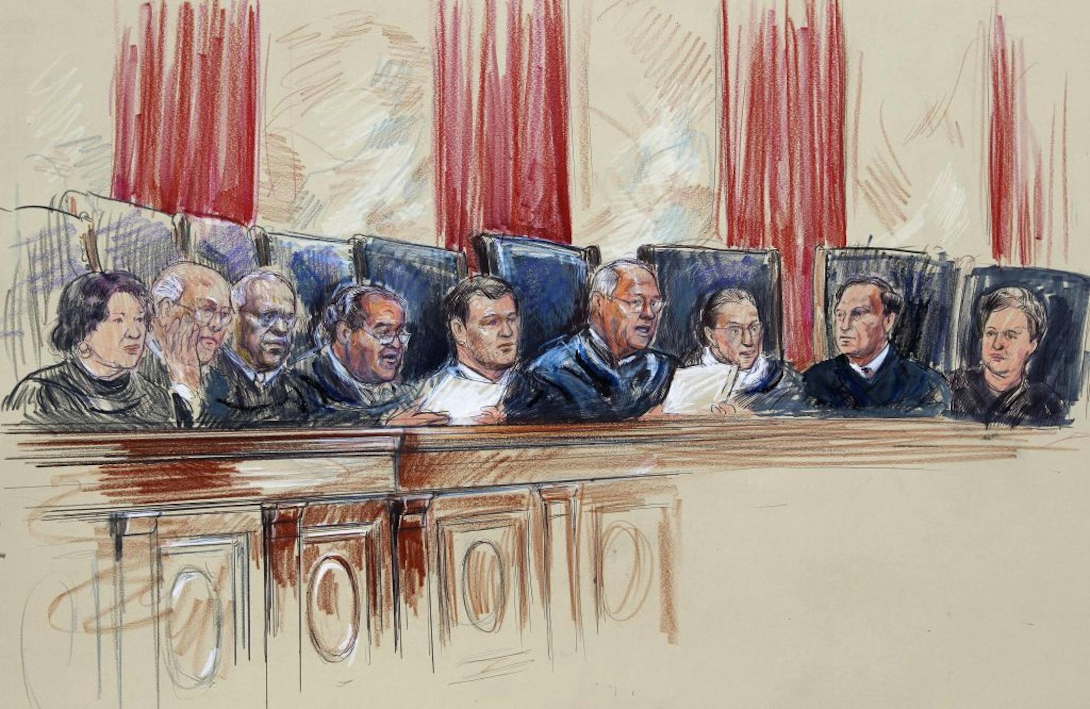 This artist rendering shows Supreme Court Justices from left, Sonia Sotomayor, Stephen Breyer, Clarence Thomas, Antonin Scalia, Chief Justice John Roberts, Anthony Kennedy, Ruth Bader Ginsburg, Samuel A. Alito, and Elena Kagan inside Supreme Court in Washington, Monday, June 25, 2012.