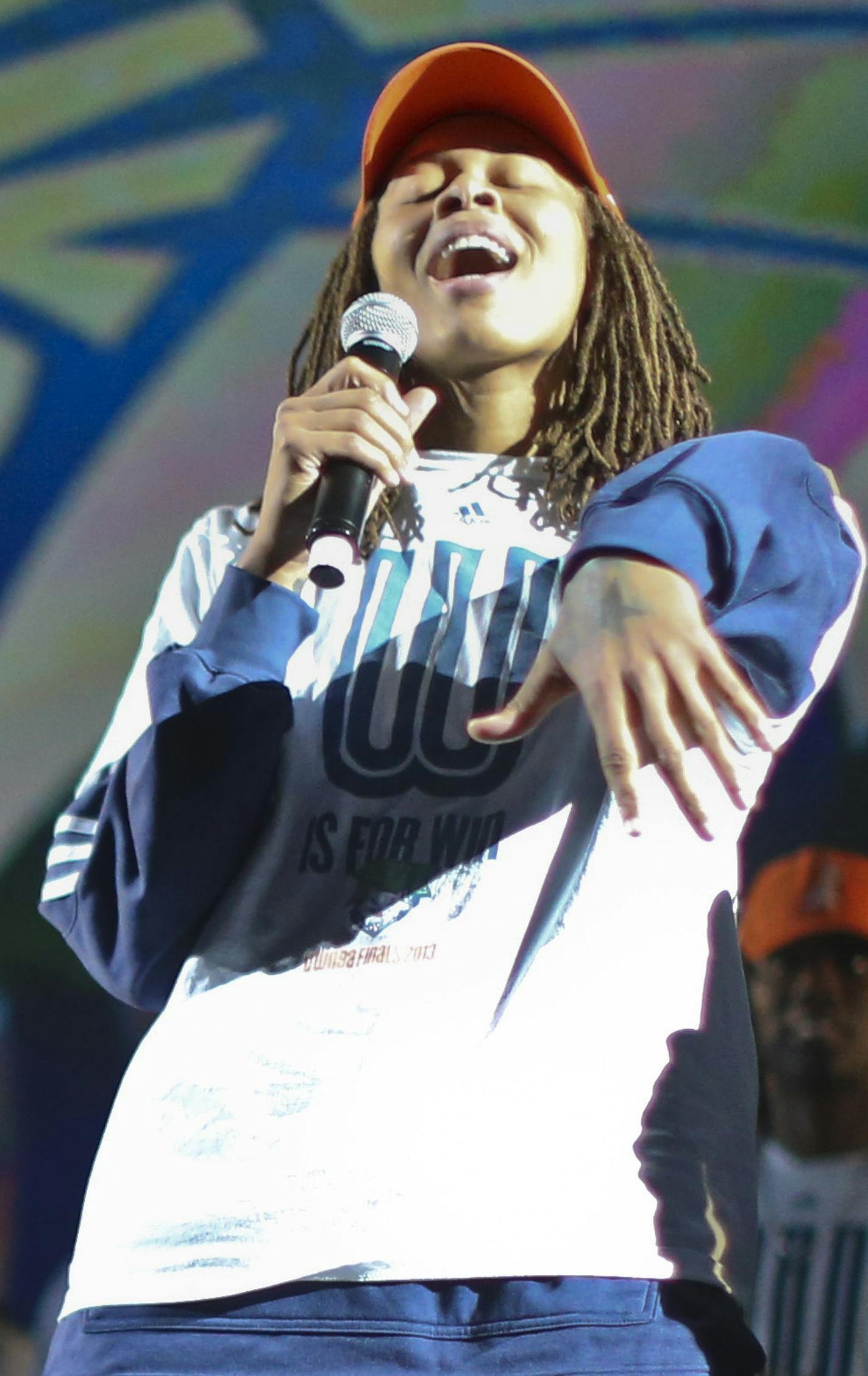 Seimone Augustus of the Minnesota Lynx spoke to the crowd during a championship celebration for the WNBA champions on Monday, October 14, 2013, at the Target Center in Minneapolis, Minn.] RENEE JONES SCHNEIDER &#x2022; reneejones@startribune.com