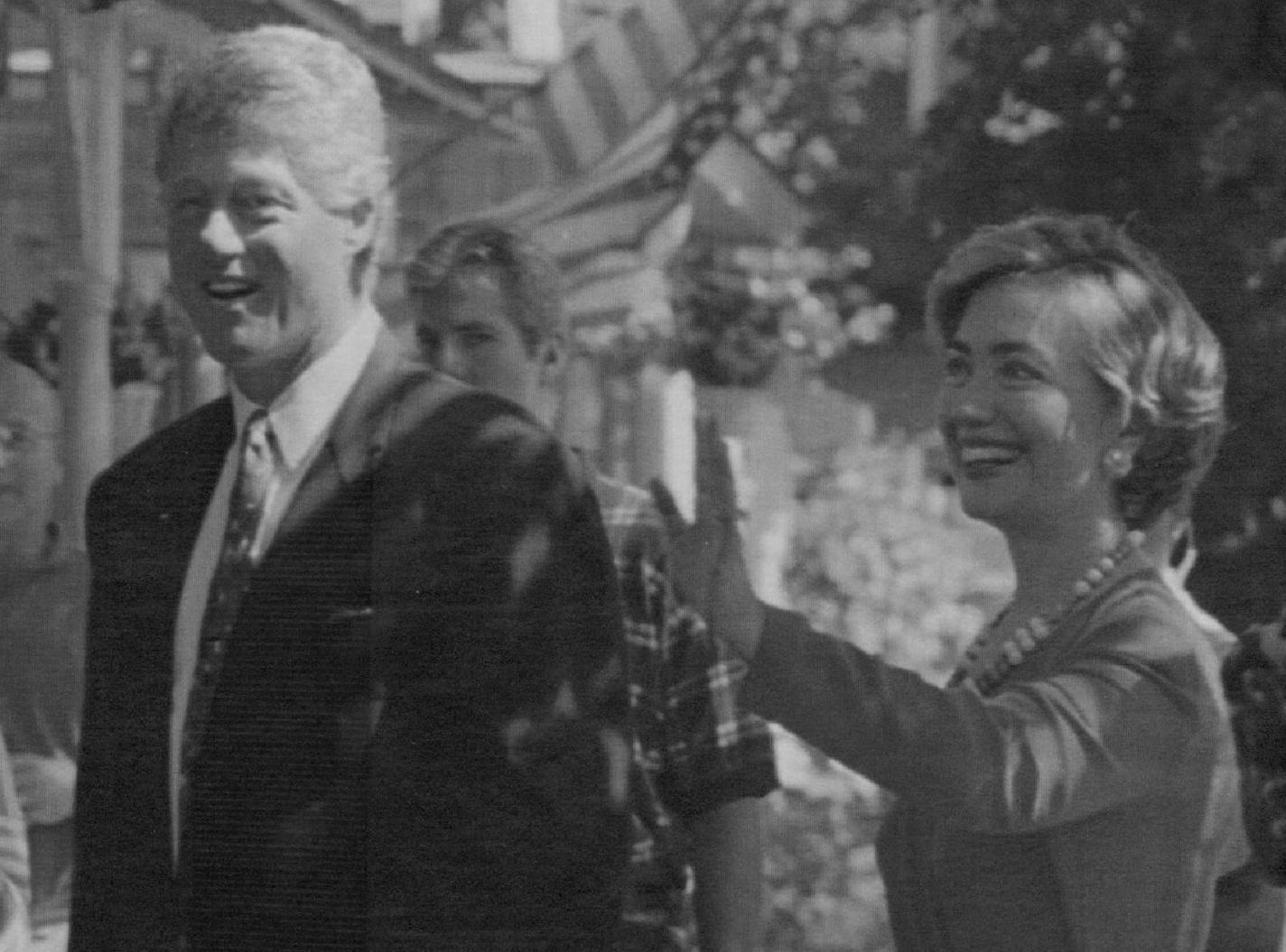 August 29, 1993 President Bill Clinton,left, and First lady Hillary Rodham Clinton acknowledge cheers from well-wishers after attending church services in Oak Bluffs, Ma.,on Sunday, August 29, 1993.Clintons are wrapping up their eleven-day vacation on Maratha's Vineyard. Greg Gribson, AP Photo ORG XMIT: MIN2016052117130212