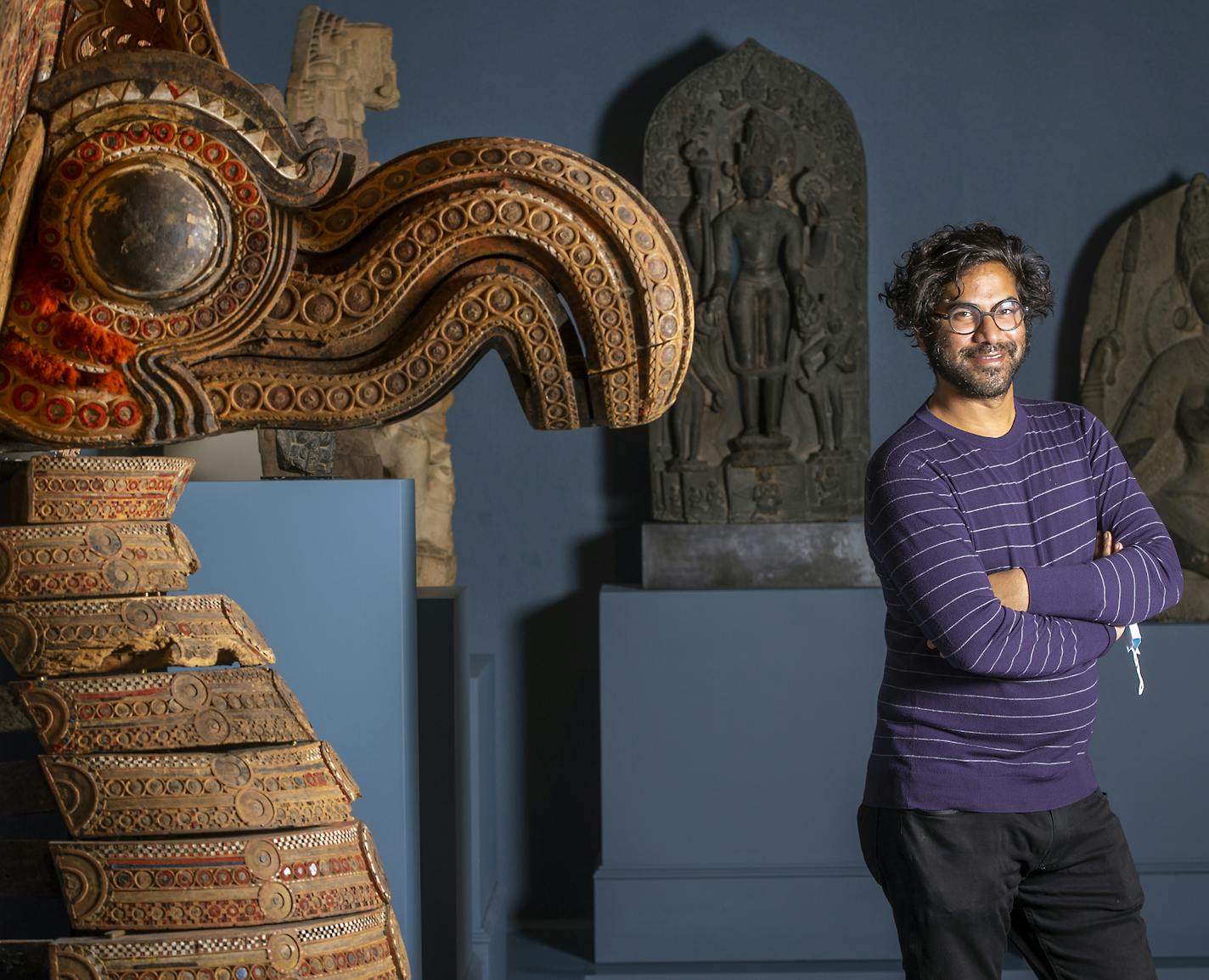 Mia curator Pujan Gandhi stood near a processional image in the form of a fantastic swan from Kerala, India, created in the early 1900s and recently acquired by the museum. ELIZABETH FLORES • liz.flores@startribune.com