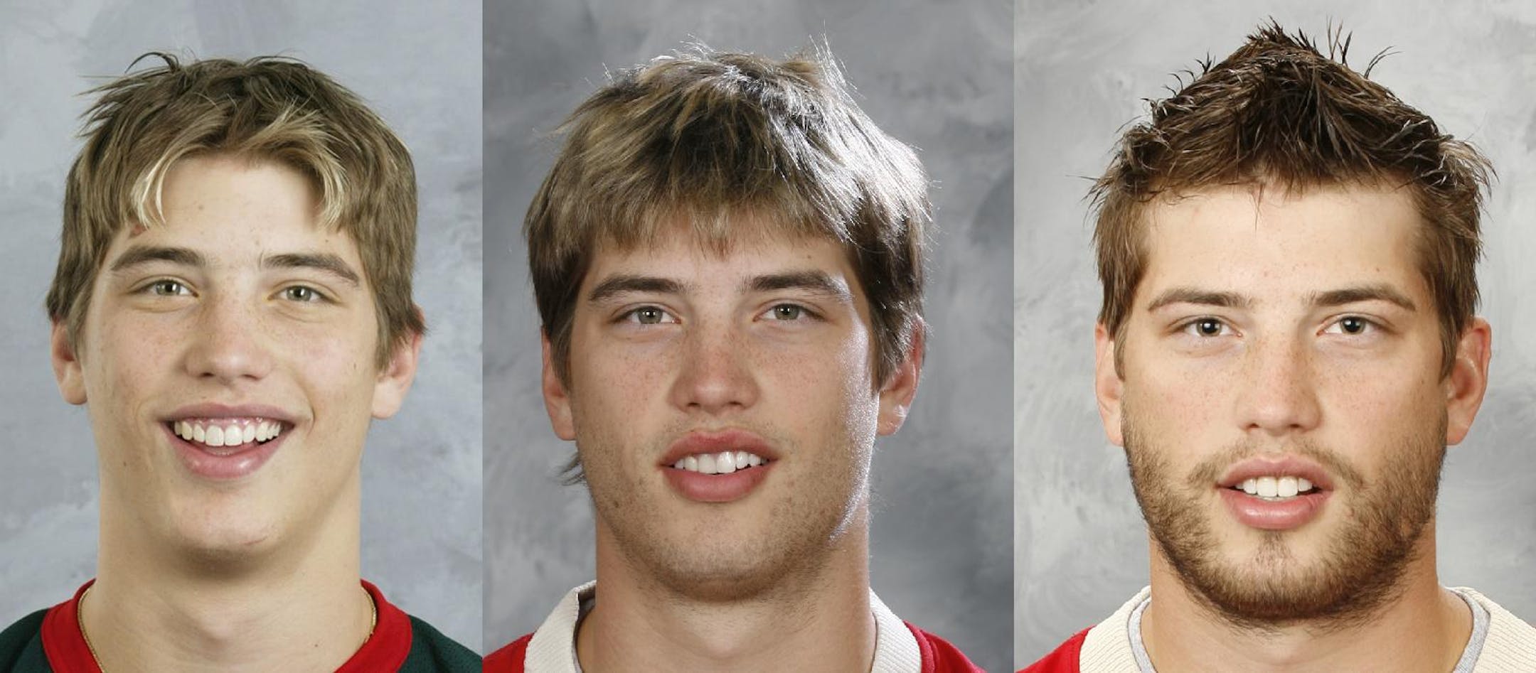 Brent Burns team mugshots with the Wild; left is from September 2003, center from 2007 and right from 2009.
