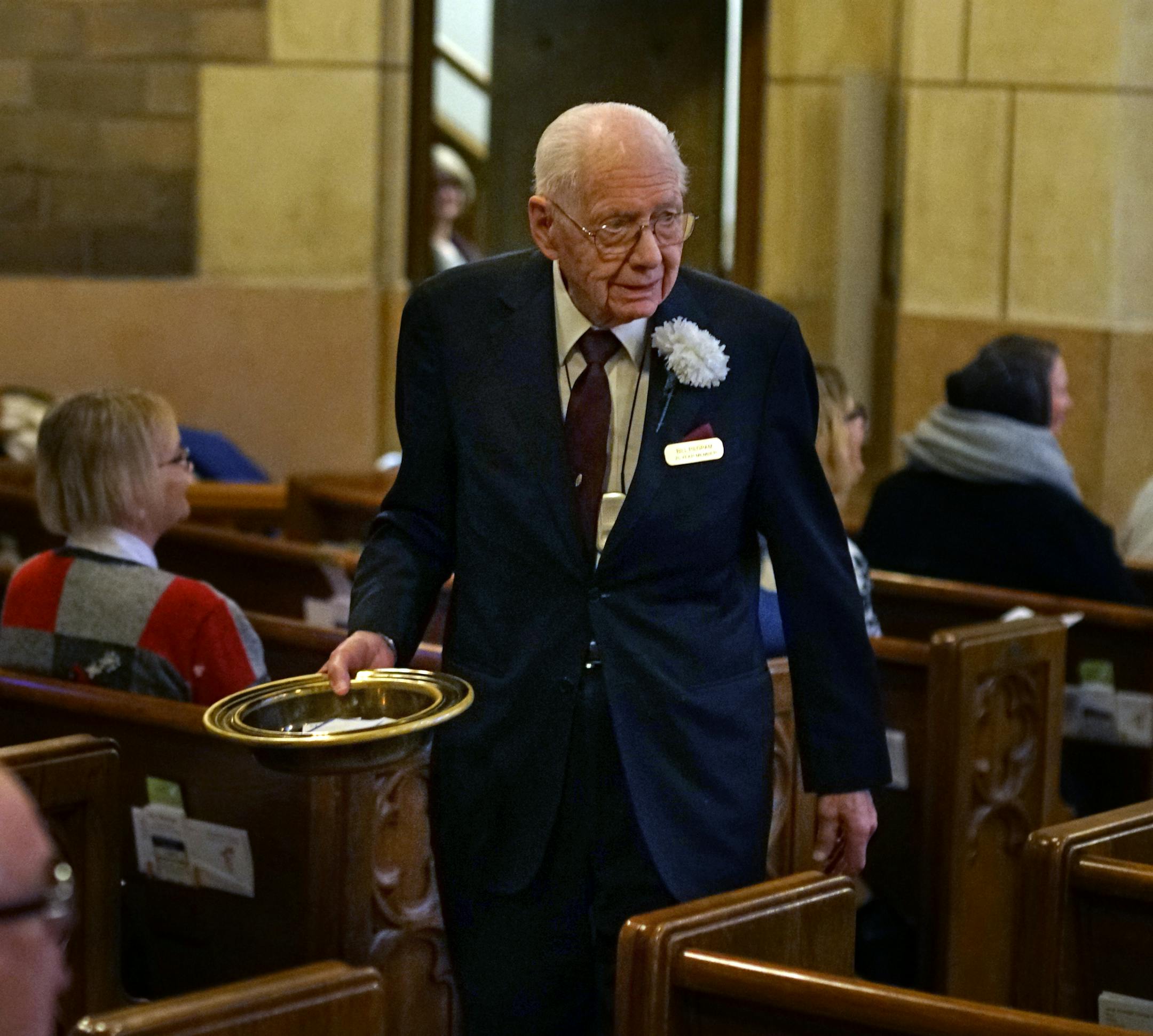 Bill Pilgram truly takes great pleasure in meet his fellow parishioners on Sunday. He has also put in countless hours on various maintenance projects at this church.] Bill Pilgram will be recycling at this church and hanging out with his friends. Feature on 101-year old usher RICHARD TSONG-TAATARII ¥ richard.tsong-taatarii@startribune.com