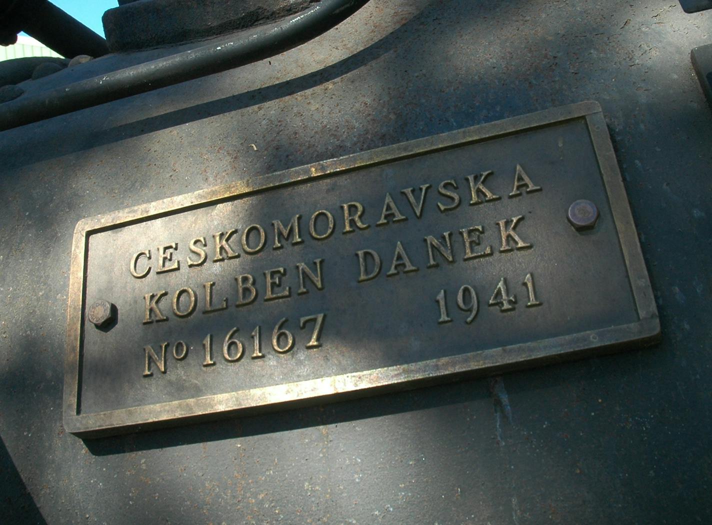 A plate on the Czechoslovakian-built World War II steam engine owned by Jim Machacek's estate identifies it as a product of CKD, which was one of the largest engineering companies in the former Czechoslovakia.