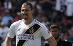 Galaxy forward Zlatan Ibrahimovic, left, enters the game in the 71st minute against LAFC on Saturday, Mar. 31, 2018, at StubHub Center in Carson, Cali
