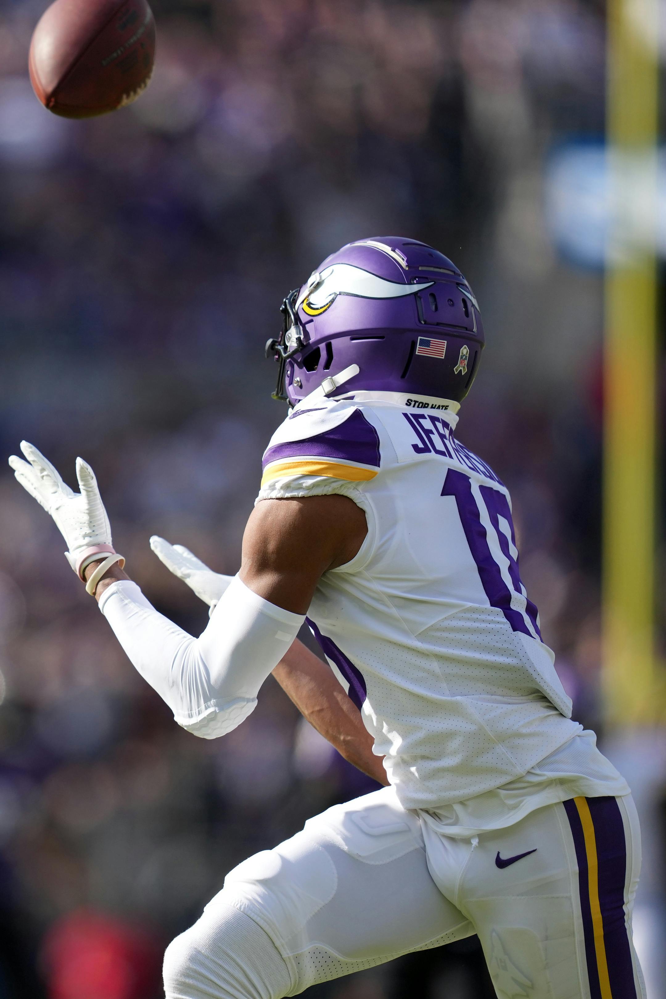 Vikings wide receiver Justin Jefferson (18) caught a 50-yard touchdown pass from quarterback Kirk Cousins (8) in the first quarter of an NFL game between the Minnesota Vikings and the Baltimore Ravens Sunday, Nov. 7, 2021 at M&T Bank Stadium in Baltimore.