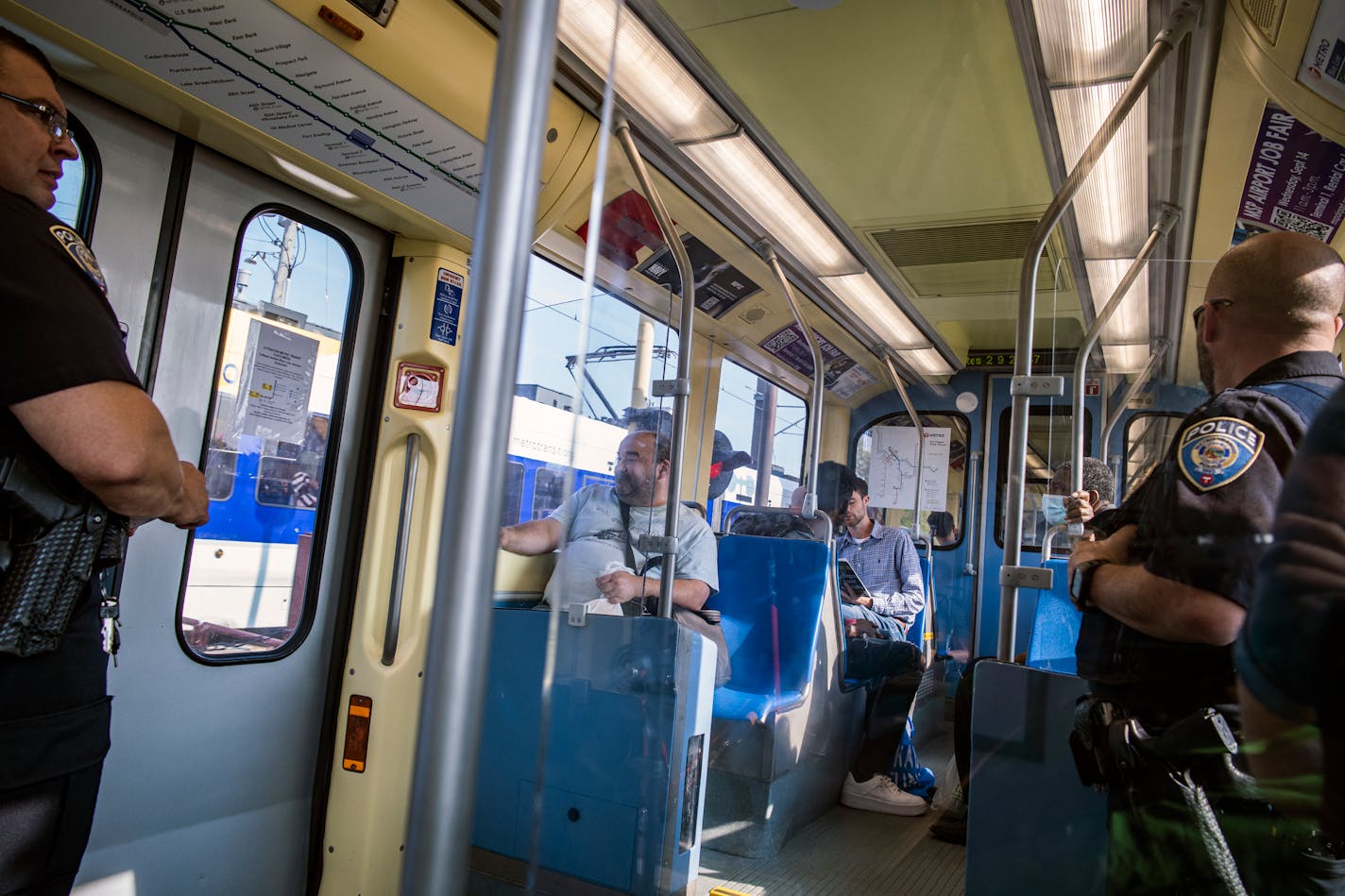 Metro Transit Police officers patroled the Blue Line in Minneapolis, Minn., on Tuesday, Sept. 13, 2022. The story will explore issues facing both the Blue and Green lines, including crime and nuisance issues like smoking, drug use, rowdy behavior, all of which conspire to tamp down ridership. RICHARD TSONG-TAATARII • richard.tsong-taatarii@startribune.com