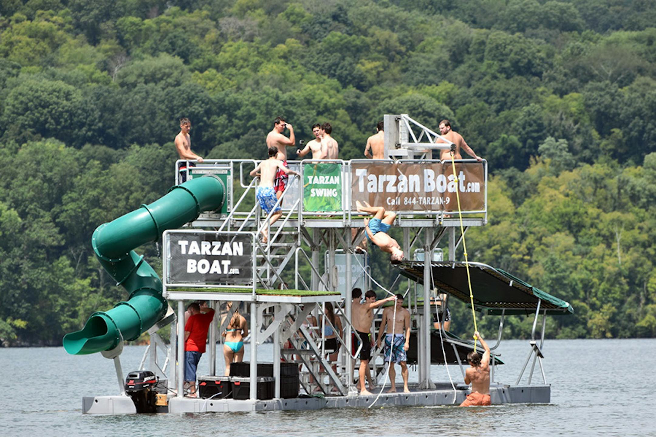 The Tarzan Boat includes six play areas: the monkey jump, gorilla jump, monkey bounce, gorilla bounce, Tarzan swing and jungle slide.