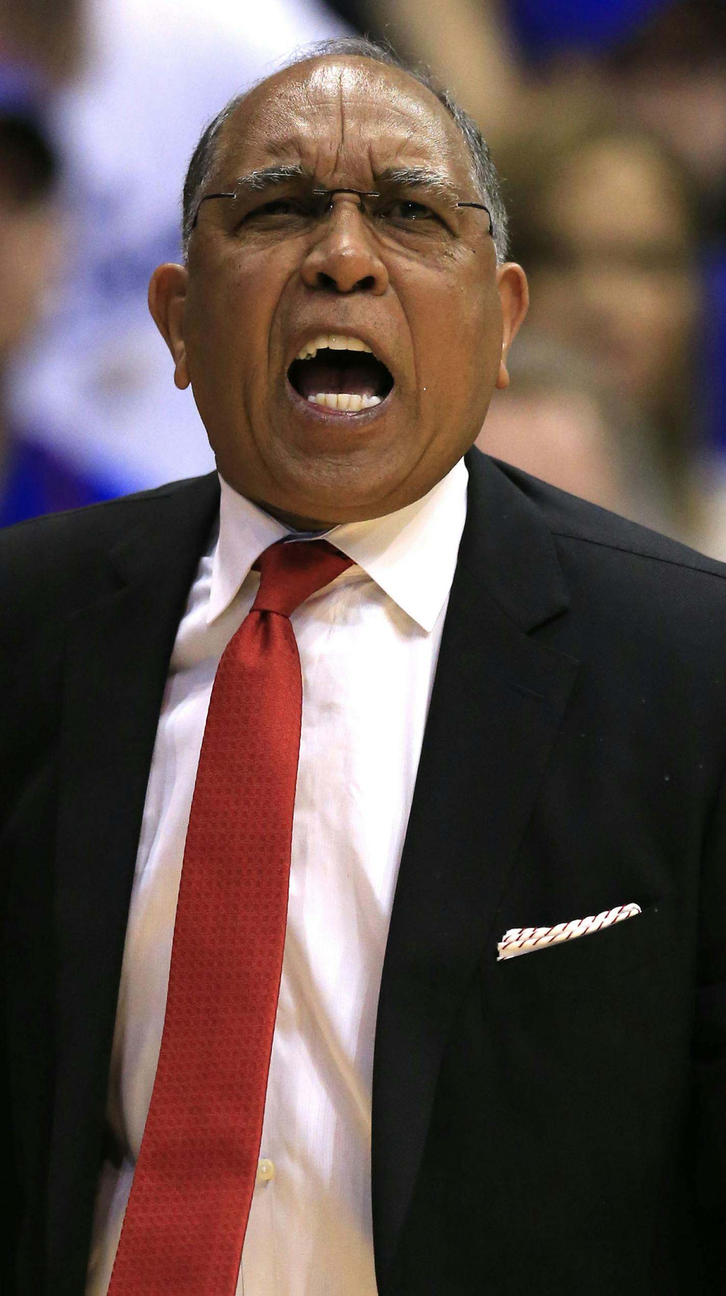 Texas Tech head coach Tubby Smith yells to a referee during the first half of an NCAA college basketball game against Kansas in Lawrence, Kan., Saturday, Feb. 27, 2016. (AP Photo/Orlin Wagner)