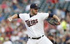 Minnesota Twins starting pitcher Phil Hughes (45) threw a pitch in the first inning at Target Field Tuesday May 16, 2017 in Minneapolis, MN.