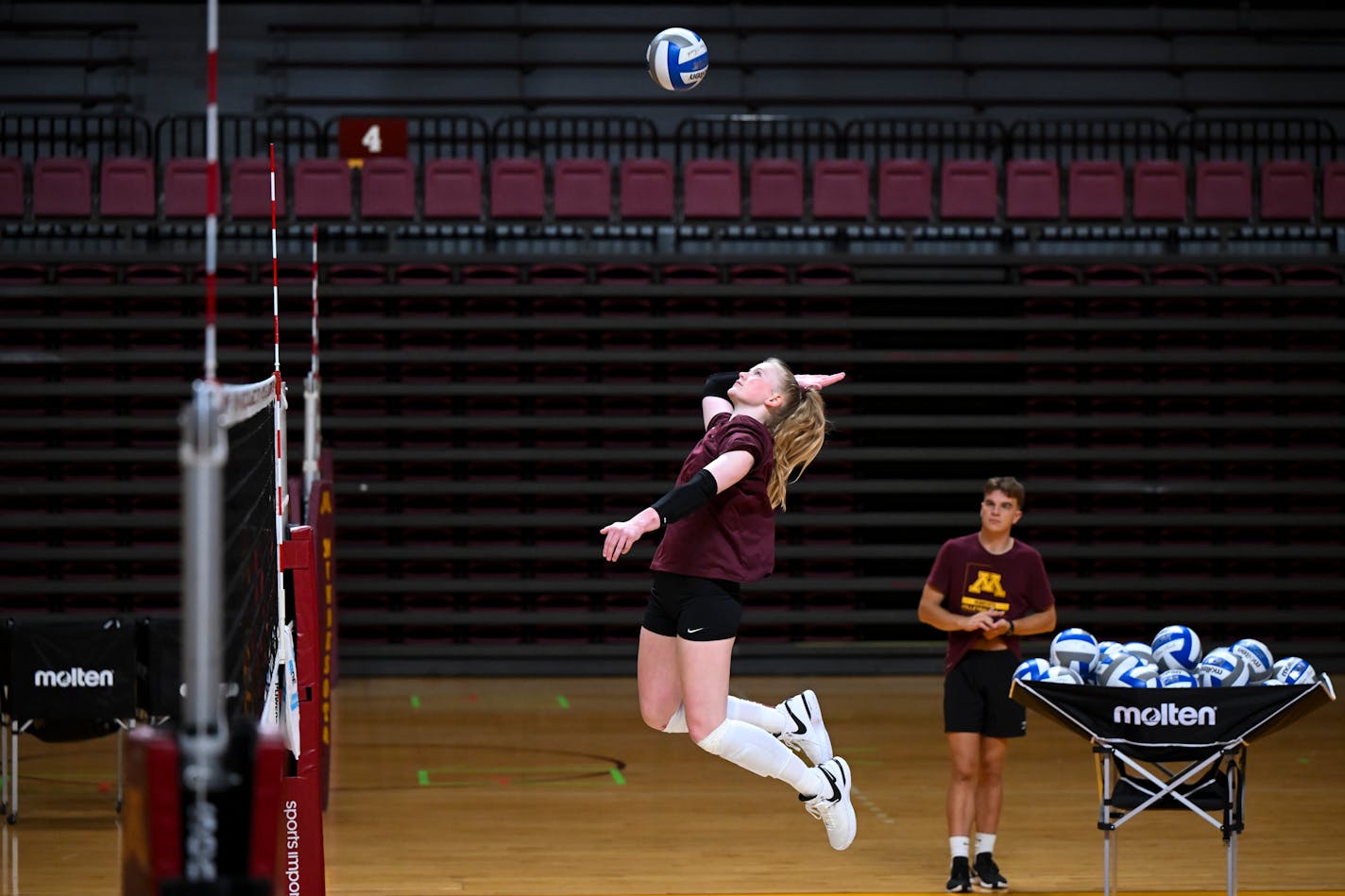 Gophers outside Mckenna Wucherer hits the ball during practice Monday, Aug. 14, 2023 at the Maturi Pavilion in Minneapolis, Minn. ] AARON LAVINSKY • aaron.lavinsky@startribune.com