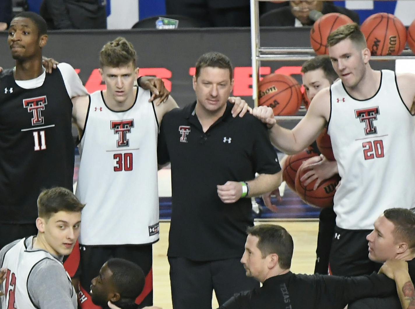 Texas Tech players, including Texas Tech guard Matt Mooney (13), gathered on the floor at the beginning of their practice time Friday afternoon. ] AARON LAVINSKY &#x2022; aaron.lavinsky@startribune.com Texas Tech practiced before playing Michigan State at the NCAA Tournament Final Four on Friday, April 5, 2019 at U.S. Bank Stadium in Minneapolis.