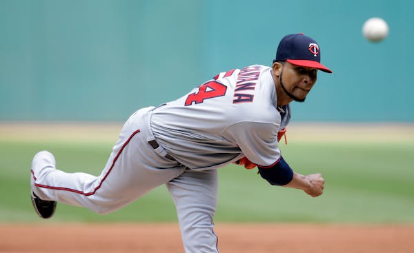 Minnesota Twins starting pitcher Ervin Santana delivers in the first inning of a baseball game against the Cleveland Indians, Sunday, June 25, 2017, i
