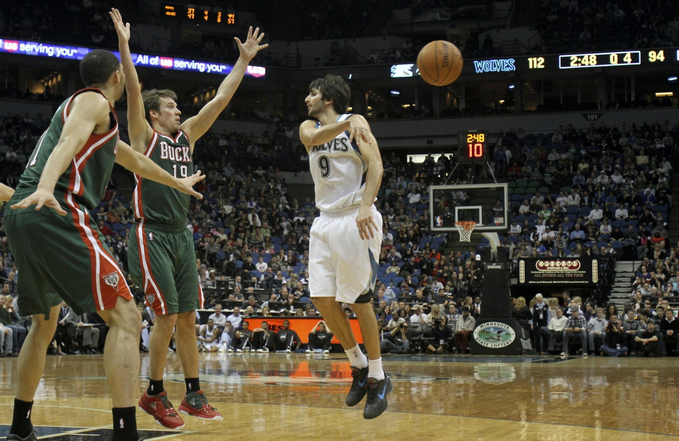 Timberwolves Ricky Rubio made a no-look pass during the second half at the Target Center in Minneapolis , Min., Saturday, December 17, 2011. Wolves won 117-96.