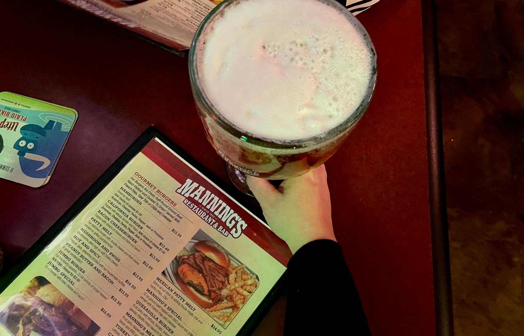 This salad bowl-sized schooner of beer cost $7 at Manning’s Cafe.