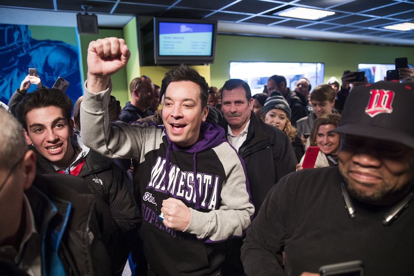 Jimmy Fallon visits with fans and does some taping for "The Tonight Show with Jimmy Fallon" at a Super Bowl pregame event Sunday, Feb. 4, 2018.