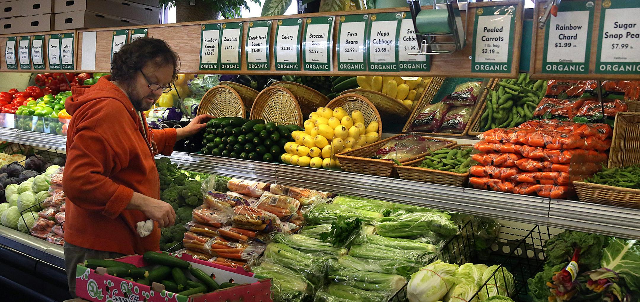 Produce buyer Randy Venaas stocked displays of fresh fruits and vegetables at The Wedge Natural Foods Co-Op in Minneapolis. ] JIM GEHRZ ‚Ä¢ jgehrz@startribune.com / Minneapolis, MN / May 8, 2014 / 10:00 AM / BACKGROUND INFORMATION: Target and Wal-Mart both announced an expansion of their assortment of organic and natural foods and products last month. Experts are wondering if increased demand will lower prices, but several hurdles remain.