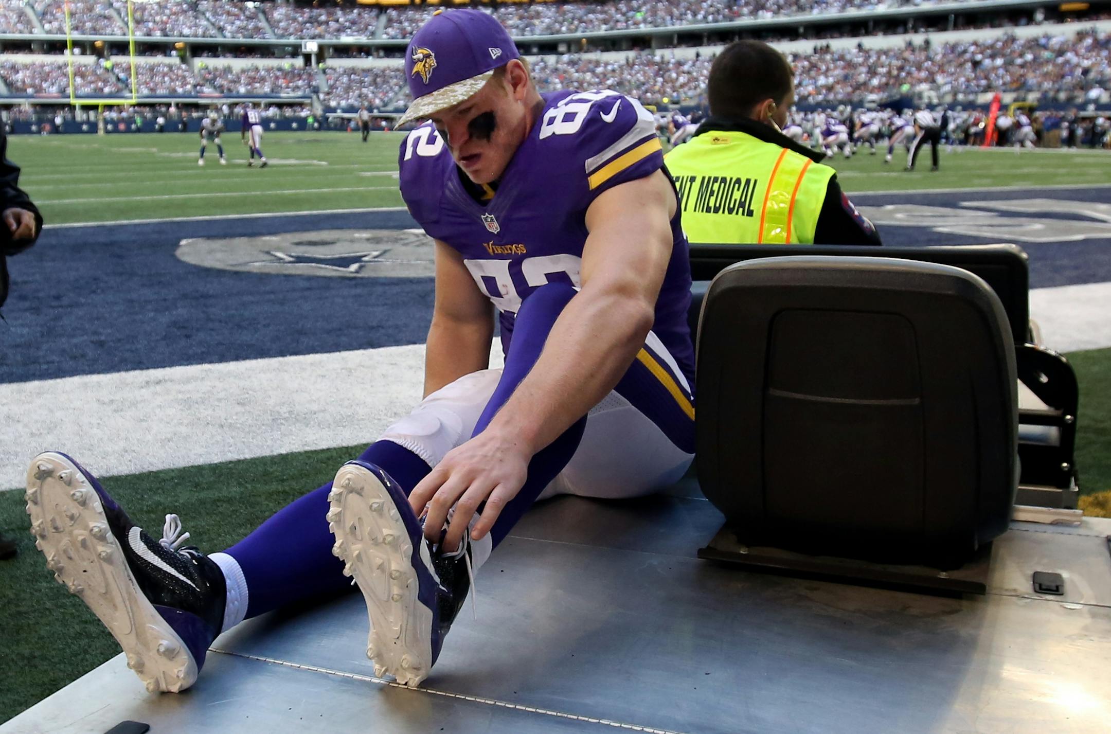Vikings tight end Kyle Rudolph (82) was carted off the field in the fourth quarter in Dallas on Nov. 3. He suffered a broken left foot and was placed on IR on Monday, ending his season.