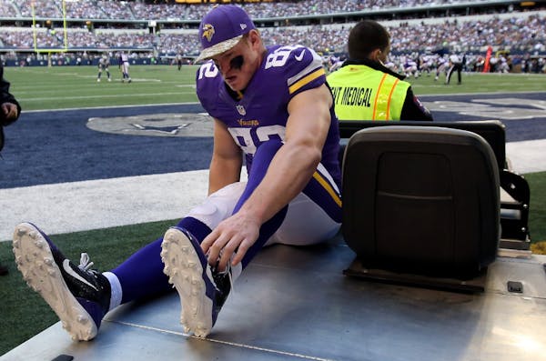 Vikings tight end Kyle Rudolph (82) was carted off the field in the fourth quarter in Dallas on Nov. 3. He suffered a broken left foot and was placed 
