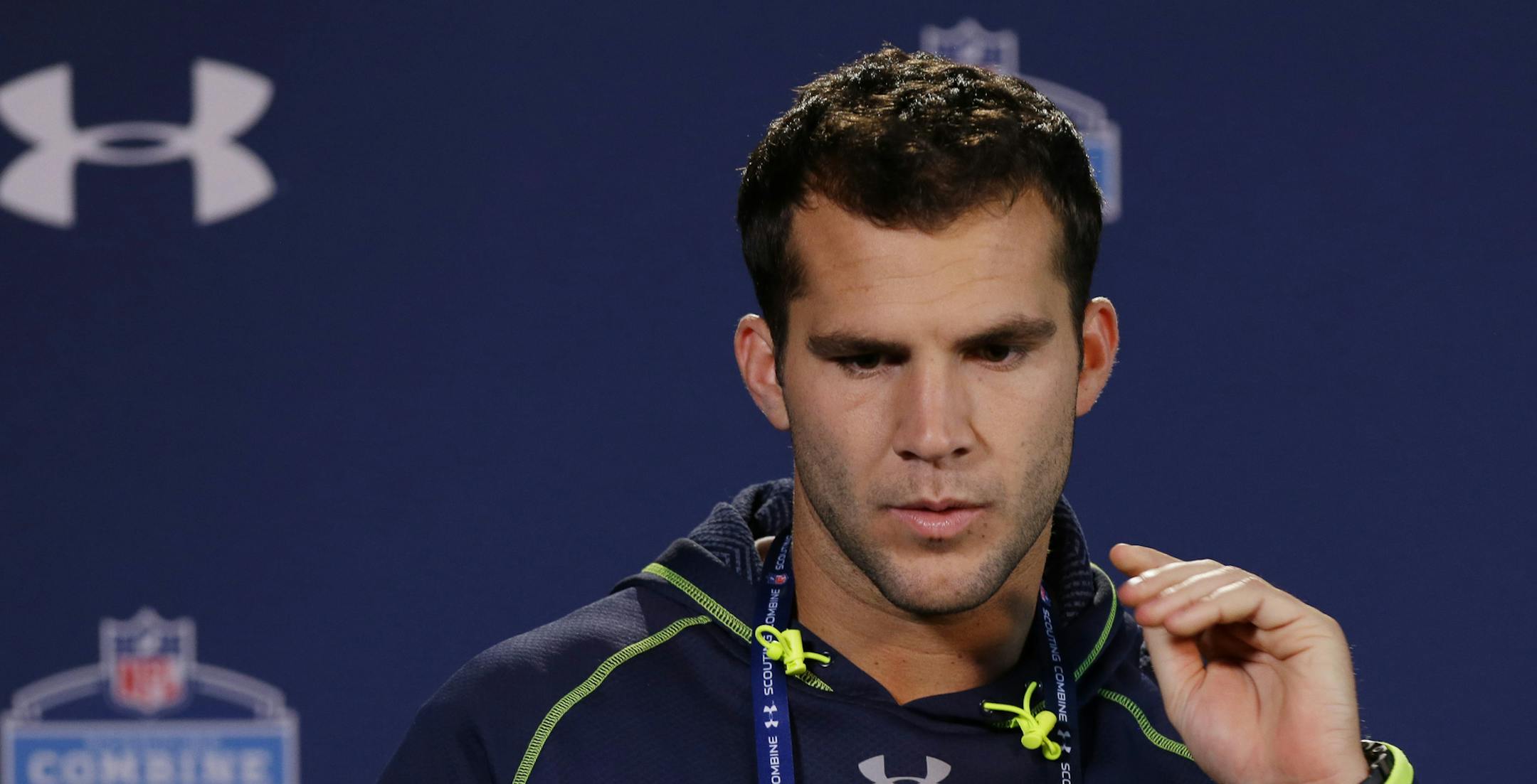 Central Florida quarterback Blake Bortles answers a question during a news conference at the NFL football scouting combine in Indianapolis, Friday, Feb. 21, 2014. (AP Photo/Michael Conroy)