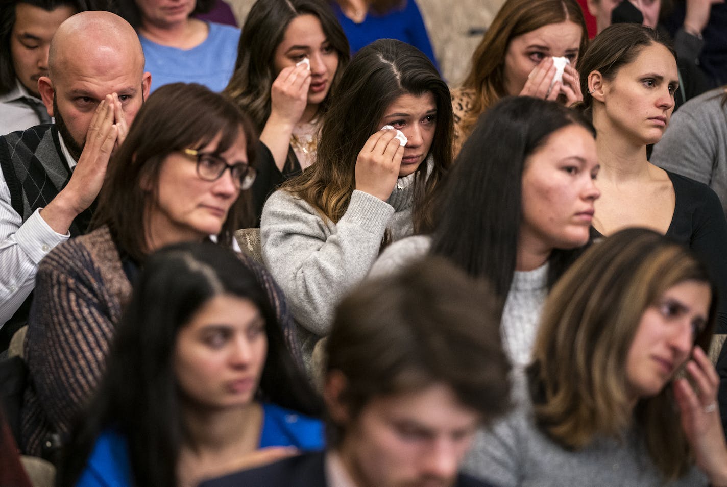 A crowd of former students, faculty and staff from Argosy University became emotional during the public testimony. ] LEILA NAVIDI &#xa5; leila.navidi@startribune.com BACKGROUND INFORMATION: Students and faculty affected by the abrupt closure of Argosy University last month testify during a Higher Education Finance and Policy Committee hearing at the State Office Building in St. Paul on Wednesday, April 10, 2019.