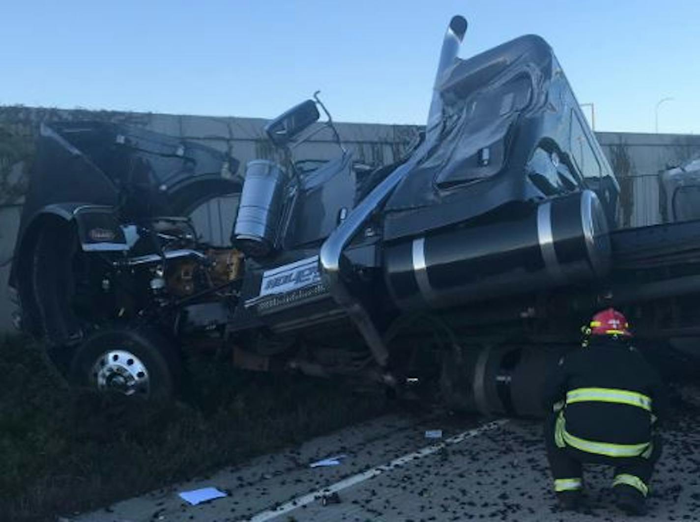 This semitrailer truck left one ramp and landed on another in Bloomington.