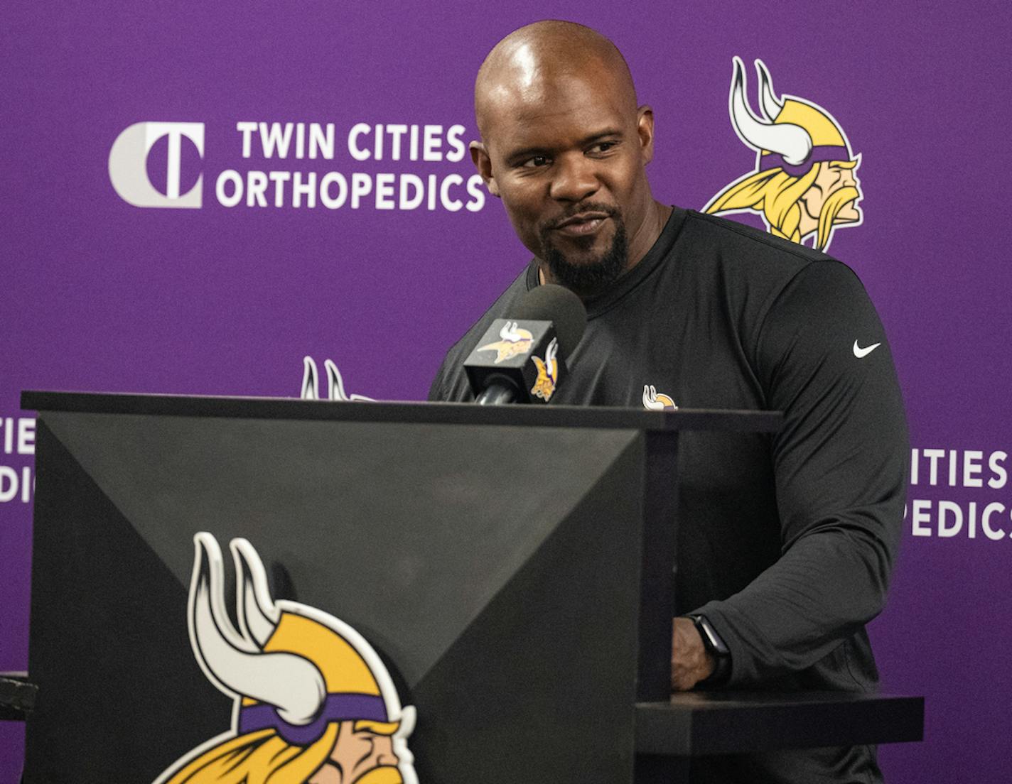 Defensive Coordinator Brian Flores speaks about the team's progress in the offseason and the accelerator program in Eagan, Minn., on Wednesday, May 24, 2023. These are updates from the Vikings coaching staff including their experience with the NFL coach accelerator program. ]RICHARD TSONG-TAATARII • richard.tsong-taatarii @startribune.com