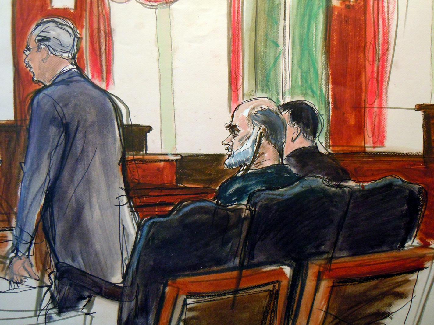 In this courtroom sketch, Osama bin Laden's son-in-law, Sulaiman Abu Ghaith, center, listens as court-appointed federal defender Philip Weinstein, left, speaks in U.S. Federal court Friday, March 8, 2013, in New York. Through his lawyer, Abu Ghaith pleaded not guilty to conspiracy to kill Americans in his role as al-Qaida's top spokesman. The case marks a legal victory for the Obama administration, which has long sought to charge senior al-Qaida suspects in U.S. federal courts instead of holding