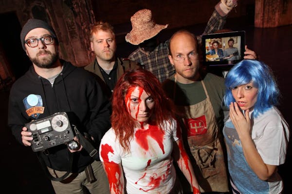(left to right) Mike Fotis, Chris Hepola, blood-drenched Laura Mahler, Ryan Lear, Tyler Olson, Katie Hartman and Nick Ryan (via video) and Erin Sheppa