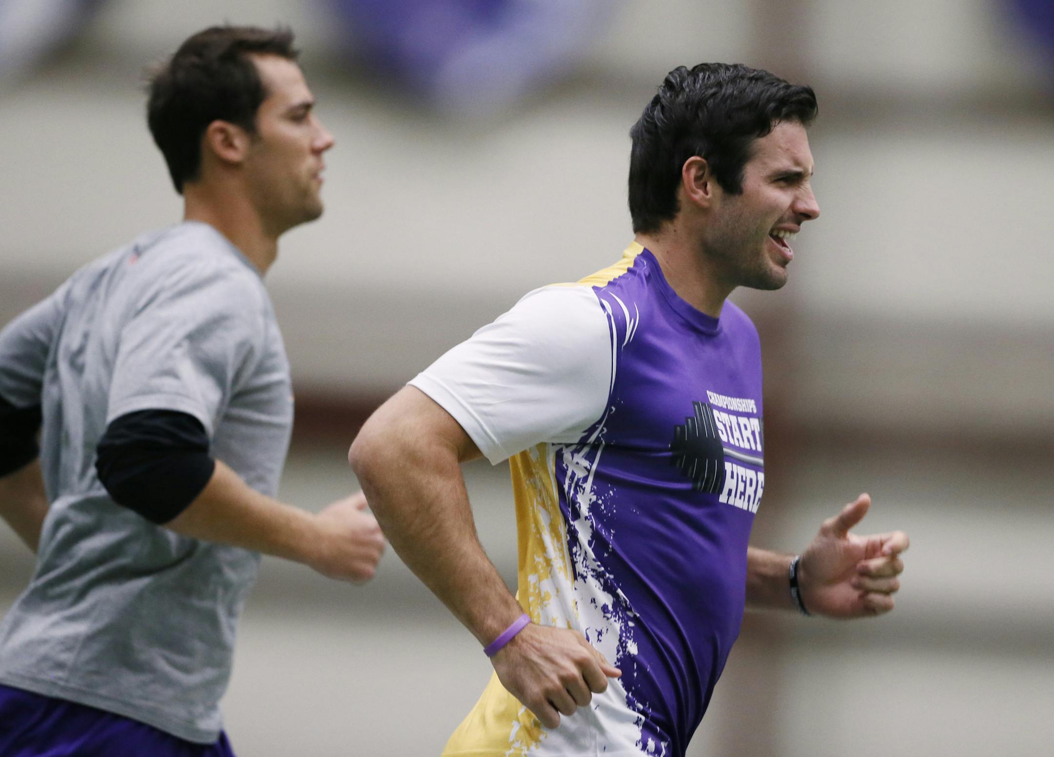 Vikings quarterbacks Matt Cassel left and Christian Ponder took part in a offseason conditioning program Wednesday May 1, 2013 in Eden Prairie, MN. ] JERRY HOLT ‚Ä¢ jerry.holt@startribune.com