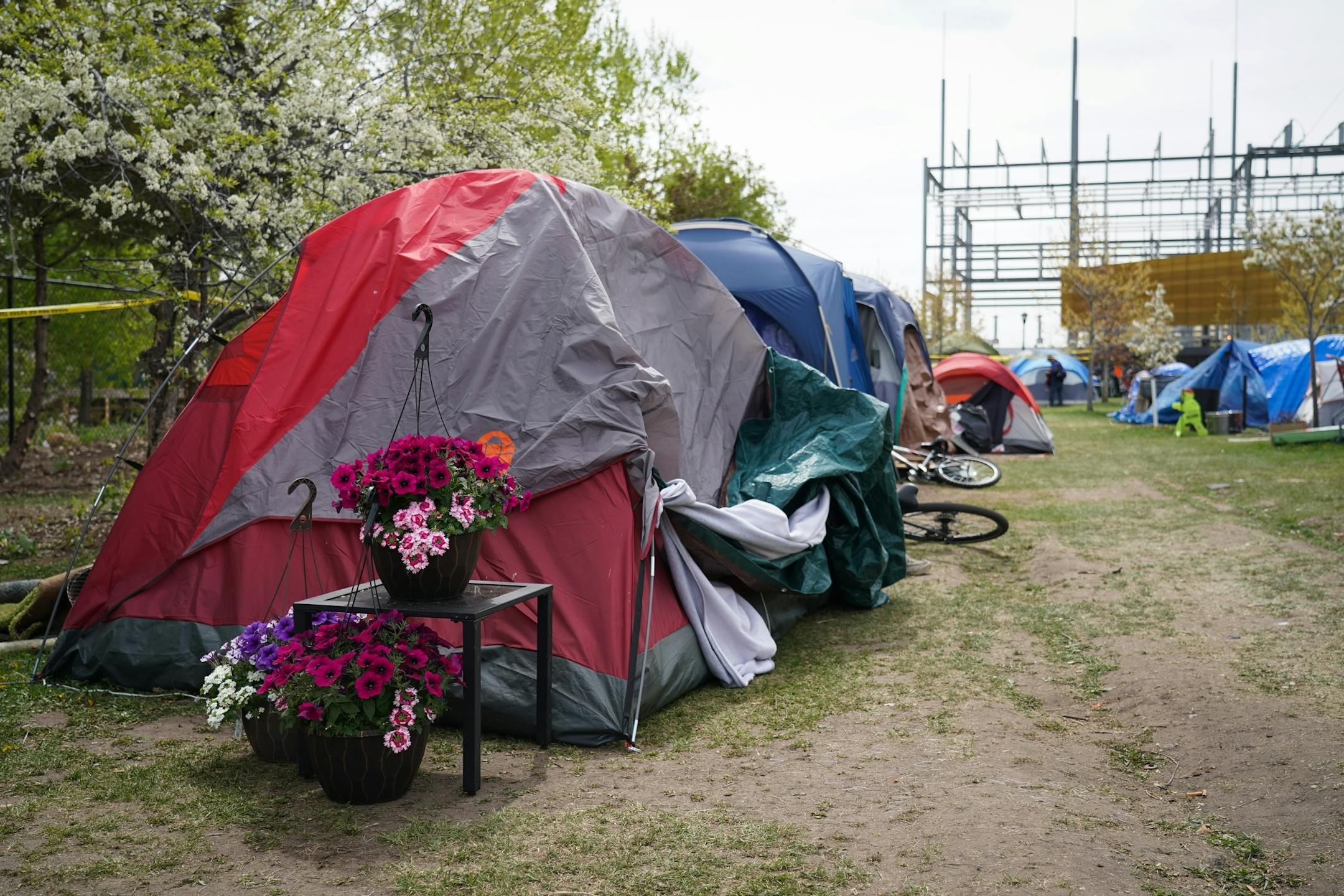 What began in March as a small camp consisting of about a couple dozen homeless adults has now swelled to more than 100 residents in tents. Known as "Camp Quarantine," the fast-growing encampment has raised alarms over the health of the camp residents amid the coronavirus pandemic. In this photo, fresh potted flowers decorate the side of a tent.