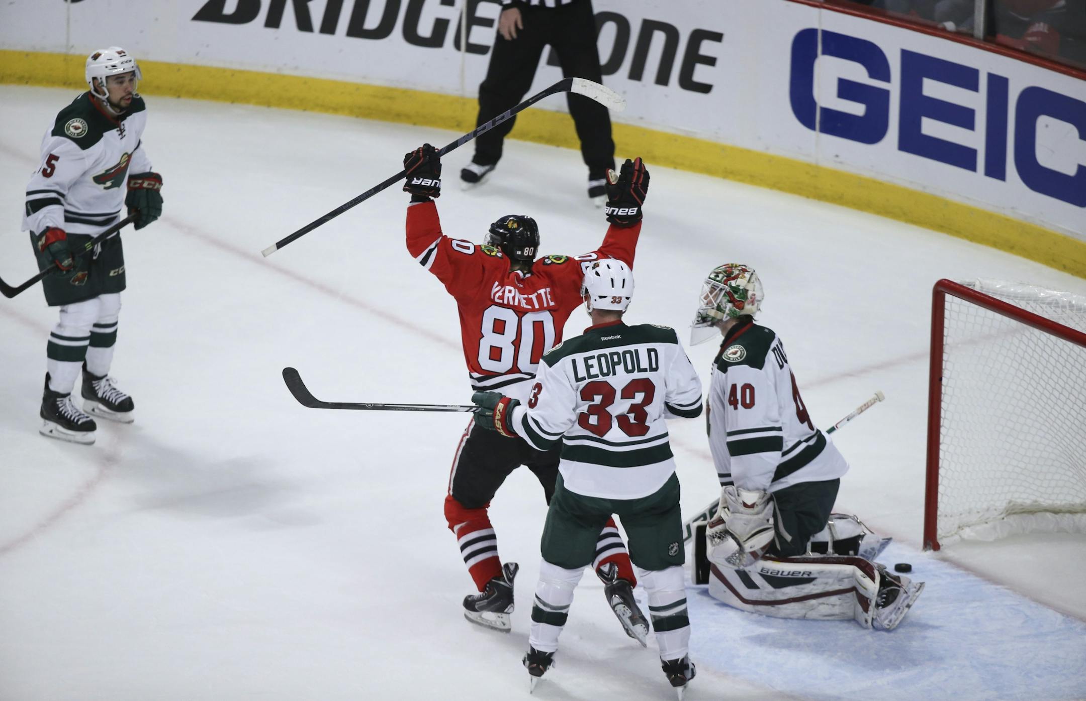 Blackhawks center Antoine Vermette (80) celebrated what proved to be the game winner in the second period Friday night.