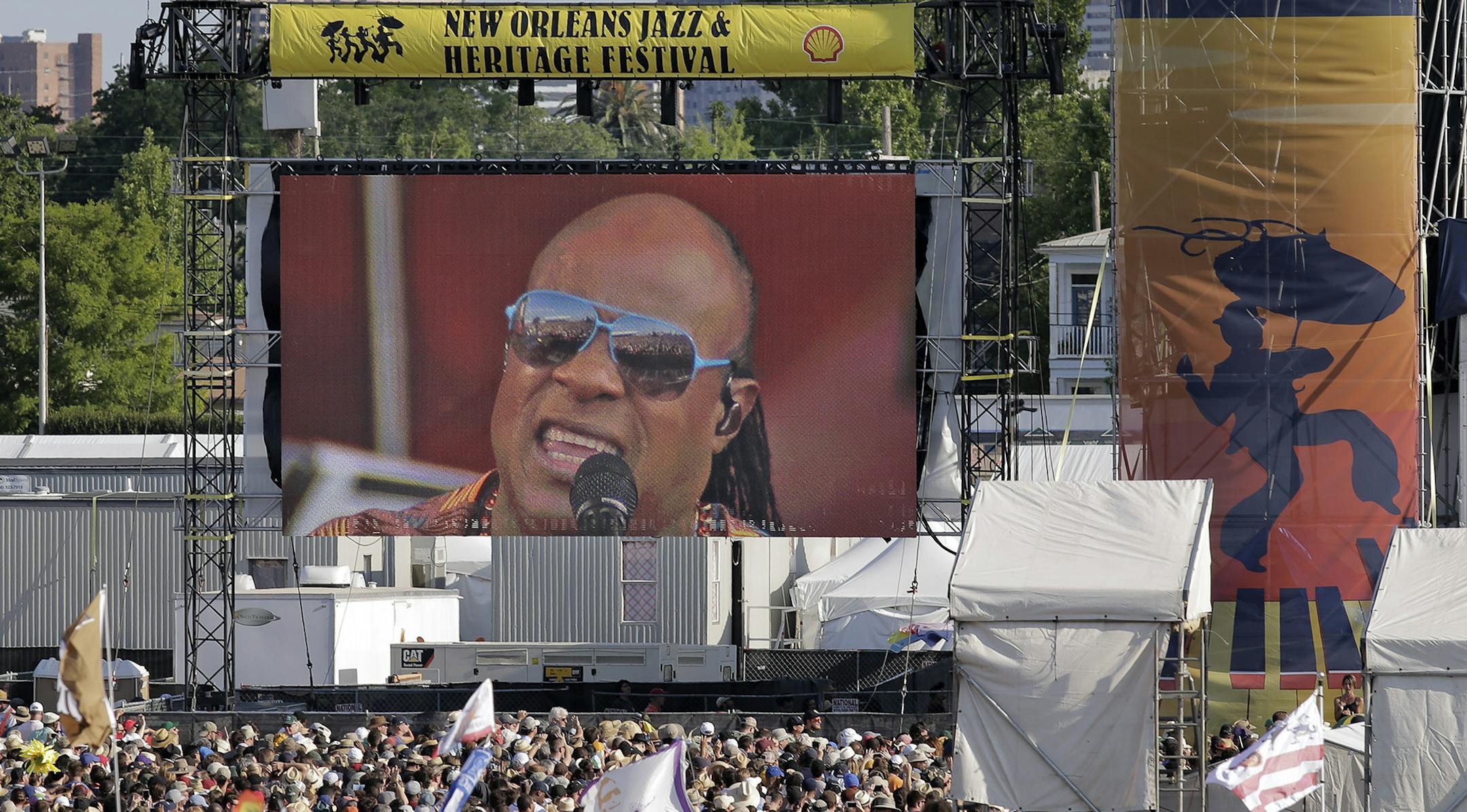 Stevie Wonder performs on the Acura Stage during the New Orleans Jazz and Heritage Festival on Saturday, May 6, 2017. (David Grunfeld/NOLA.com The Times-Picayune via AP)