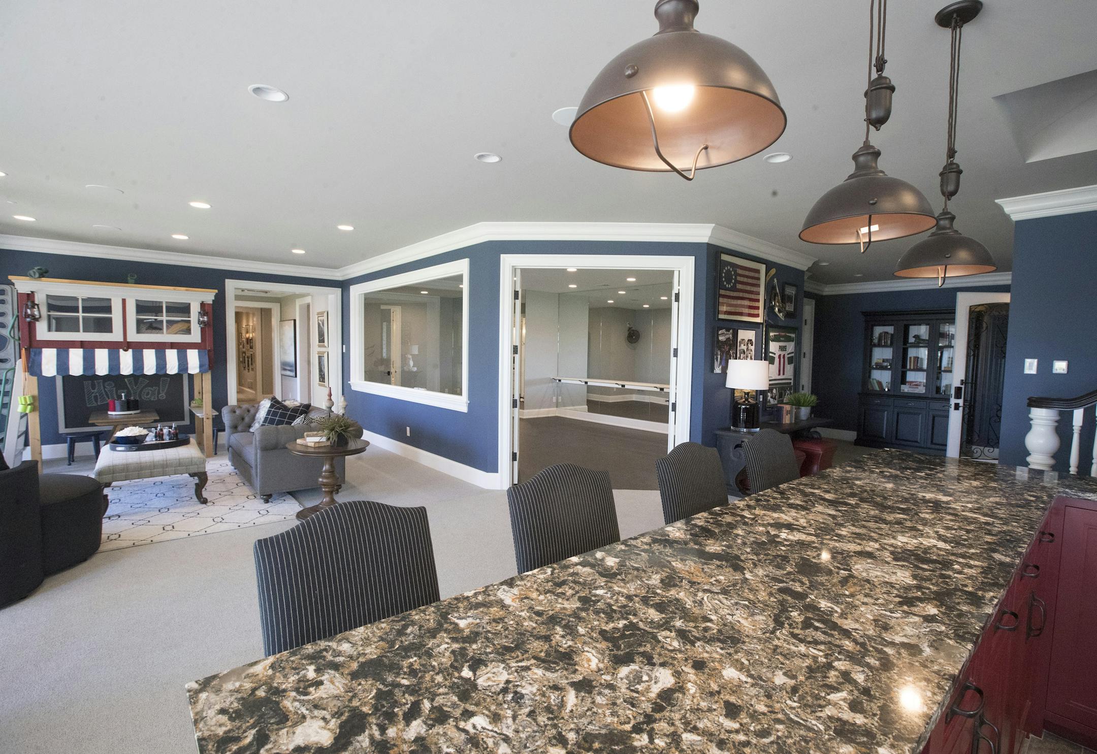 The rec room was designed by Christine Happel, Amanda Davis and Benjamin Odden of Ethan Allen.