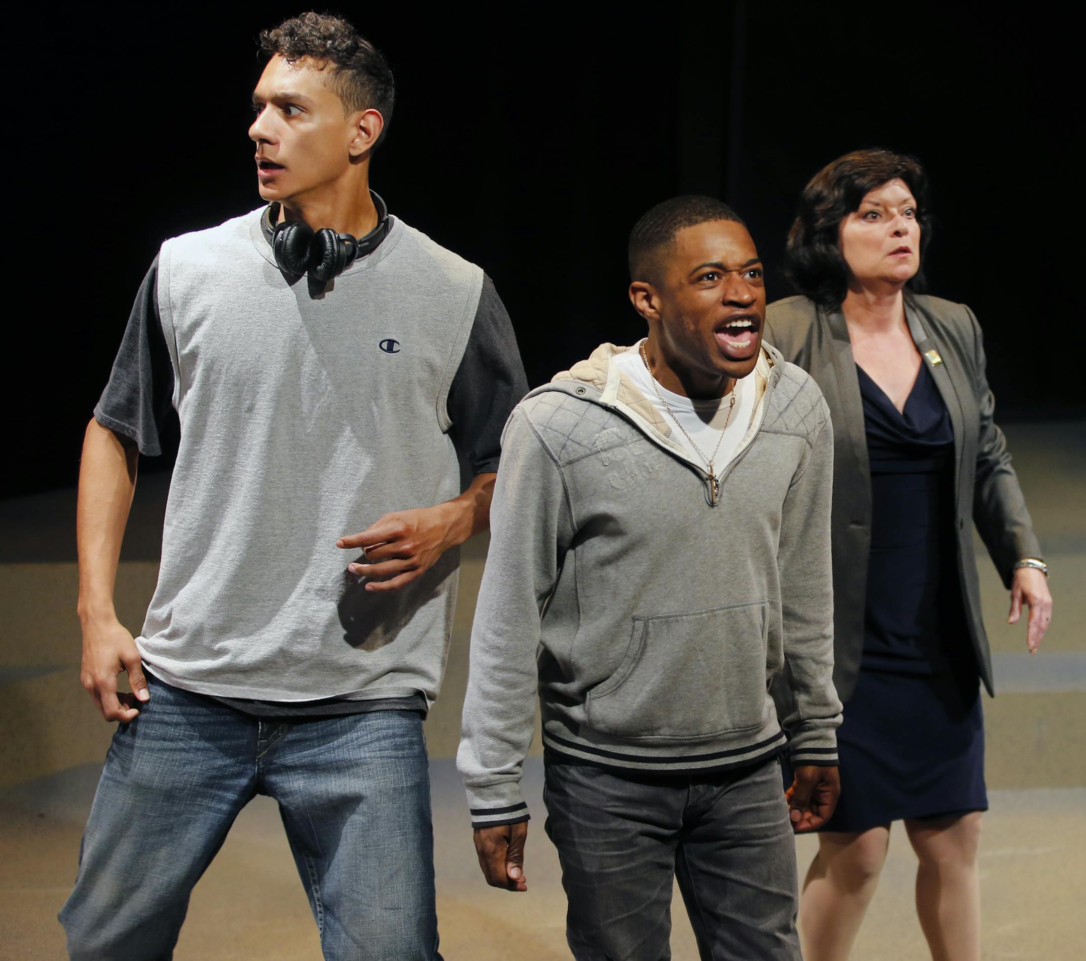 The Pillsbury House Theatre in South Minneapolis is putting on "Prep" about navigating life at an urban h.s. Ryan Colbert, left, plays student Chris, Kory LaQuess Pullam plays student Oliver, while Jodi Kellogg plays Miss Michelle, the principal.]Richard Tsong-Taatarii/rtsong-taatarii@startribune.com