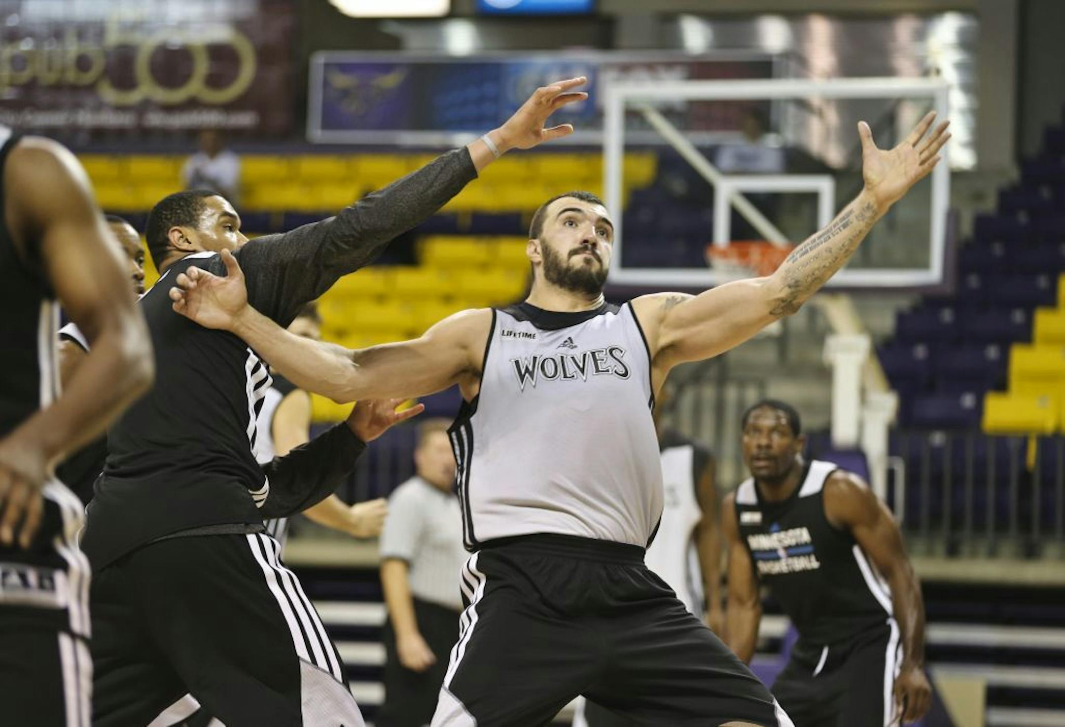 Nikola Pekovic waited for a pass during training camp in Mankato, Minn., on Wednesday, October 2, 2013.