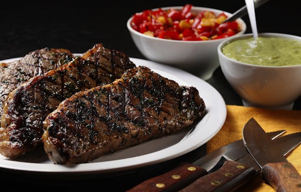 Put a combination of flavors and textures alongside grilled steaks with a creamy avocado-lemongrass sauce and a tomato-lemon relish.