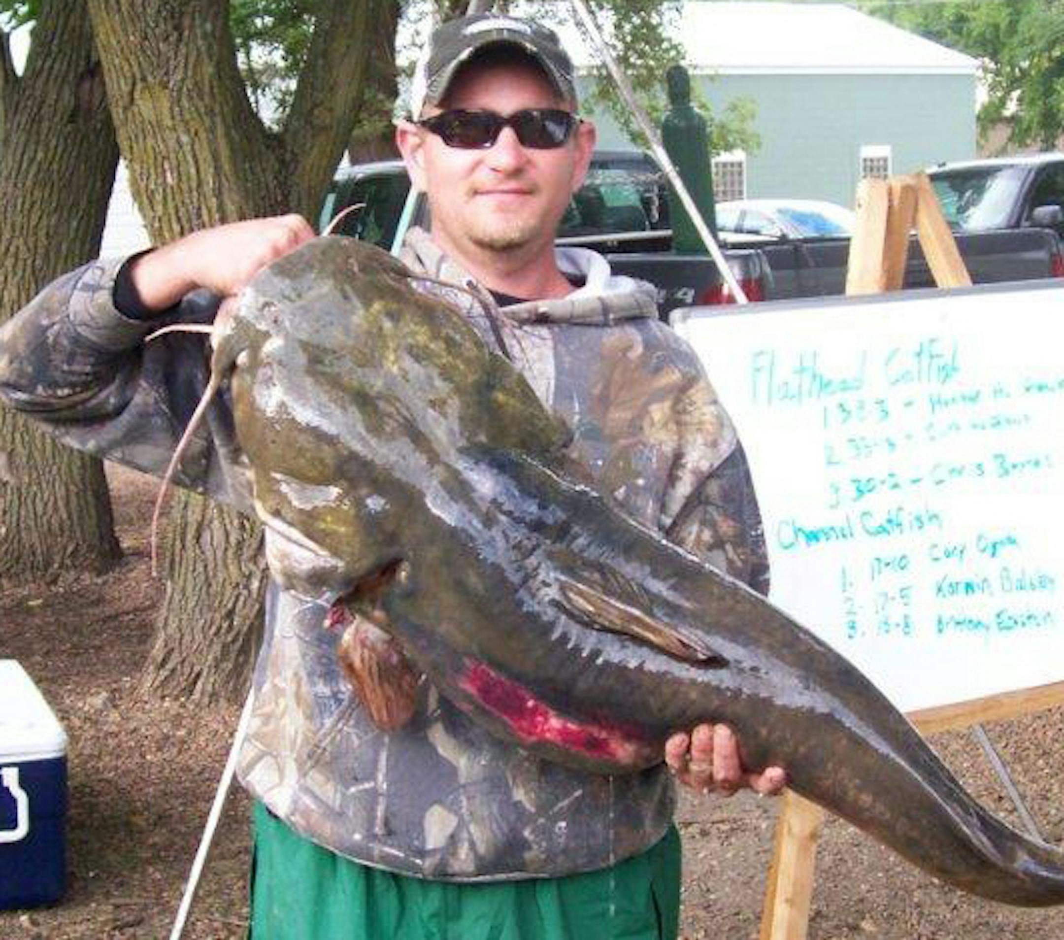 Chris Hattendorf of Ashton, Iowa, with his 46-pound, 14-ounce winning catfish from last weekend's Franklin Catfish Derby Days contest.