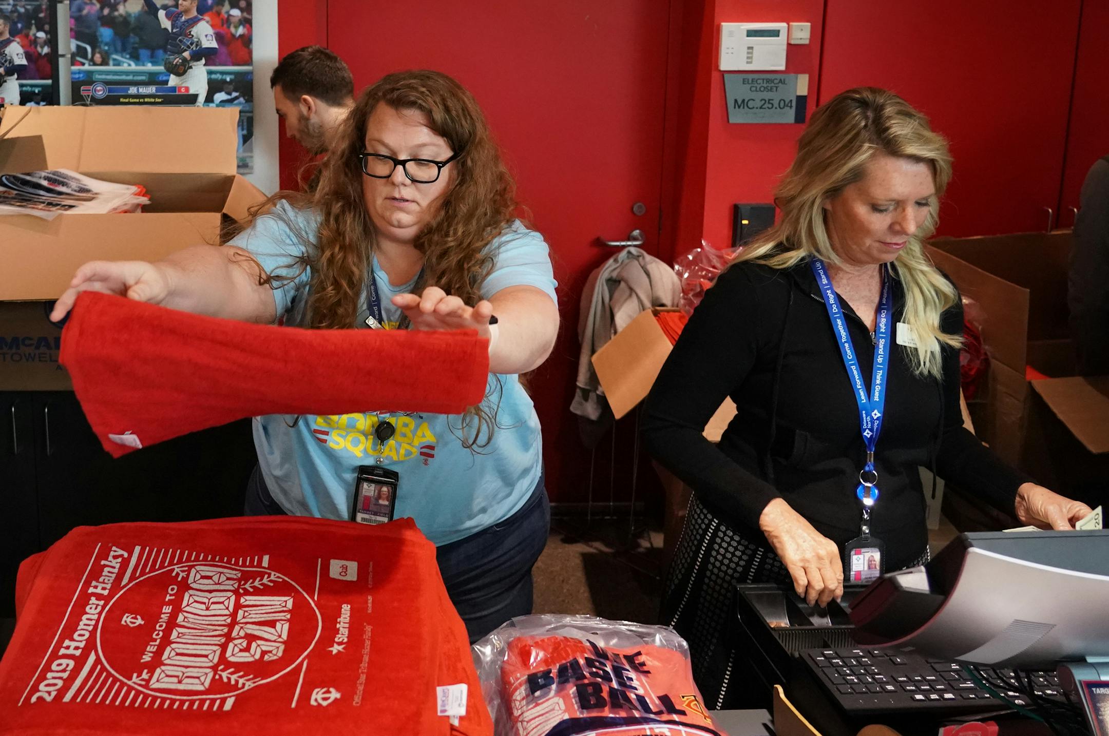 The Minnesota Twins unveiled the 2019 version of the Homer Hanky as the team returns to Major League Baseball postseason play for the first time in nine years. Season ticket holders were invited into Bat & Barrel for a special unveiling event while people waited in line for the store to sell the red towels (limit 10 per customer) for three dollars each. The Homer Hankies will be on sale in various locations until they sell out. ] Shari L. Gross • shari.gross@startribune.com With postseaso