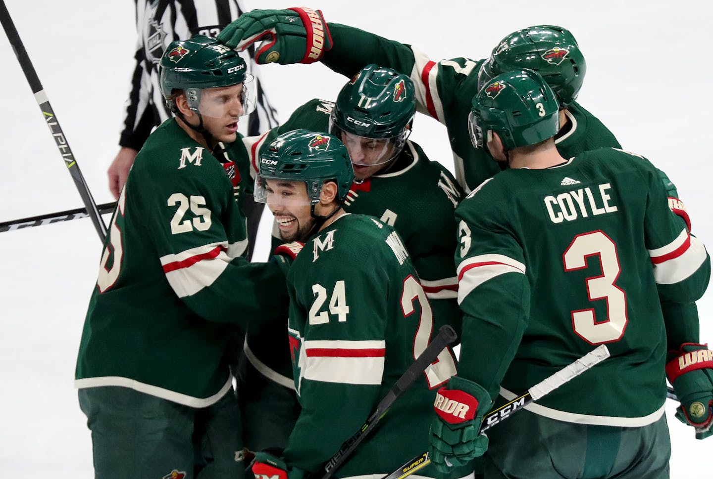 The Minnesota Wild's Matt Dumba (24) celebrates after scoring his second goal of the game against the Winnipeg Jets on Saturday, Jan. 13, 2018, at the Xcel Energy Center in St. Paul, Minn. The Wild won, 4-1. (David Joles/Minneapolis Star Tribune/TNS)