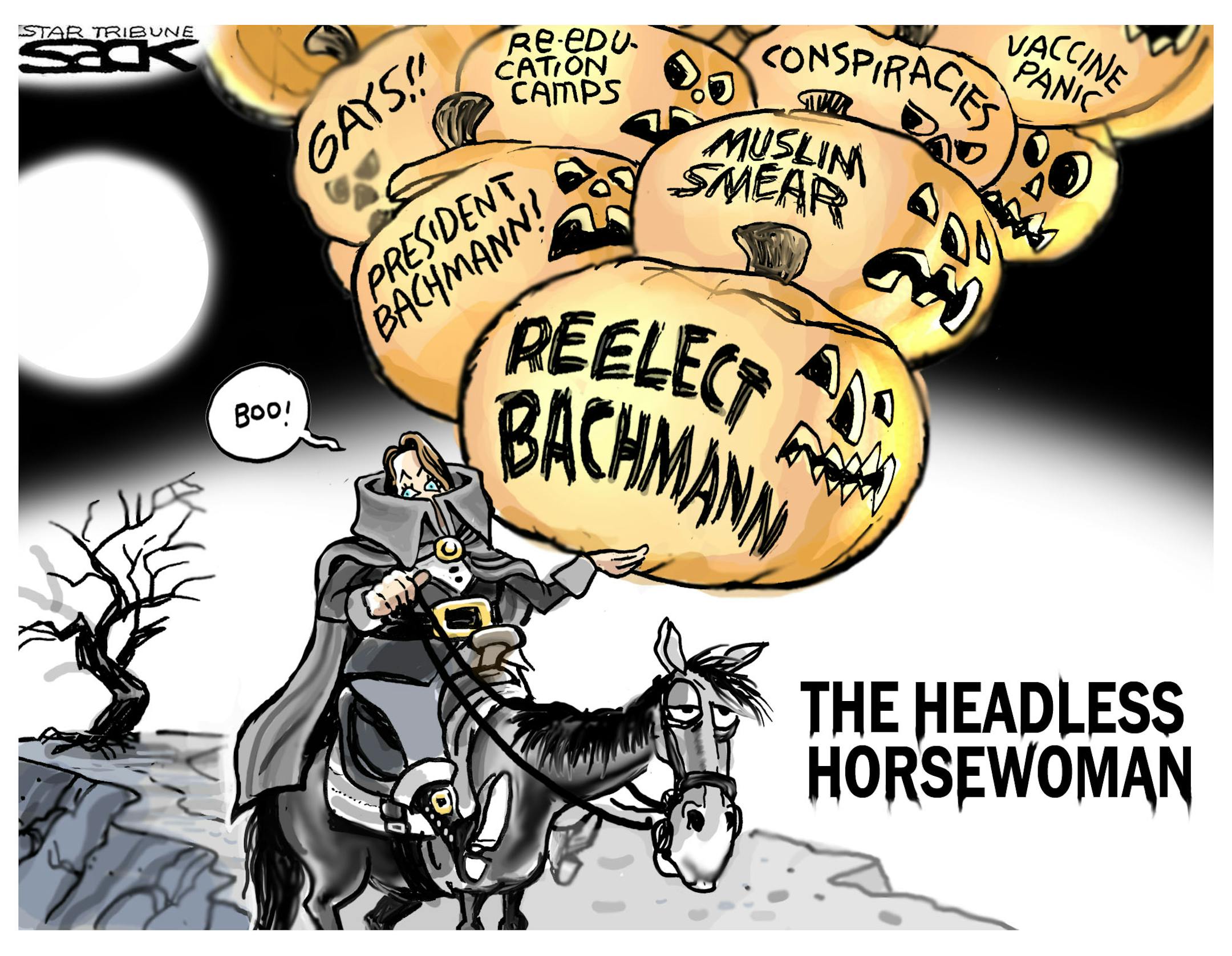 Steve Sack editorial cartoon for Oct. 28,2012. Topic: Michele Bachmann's re-election campaign.